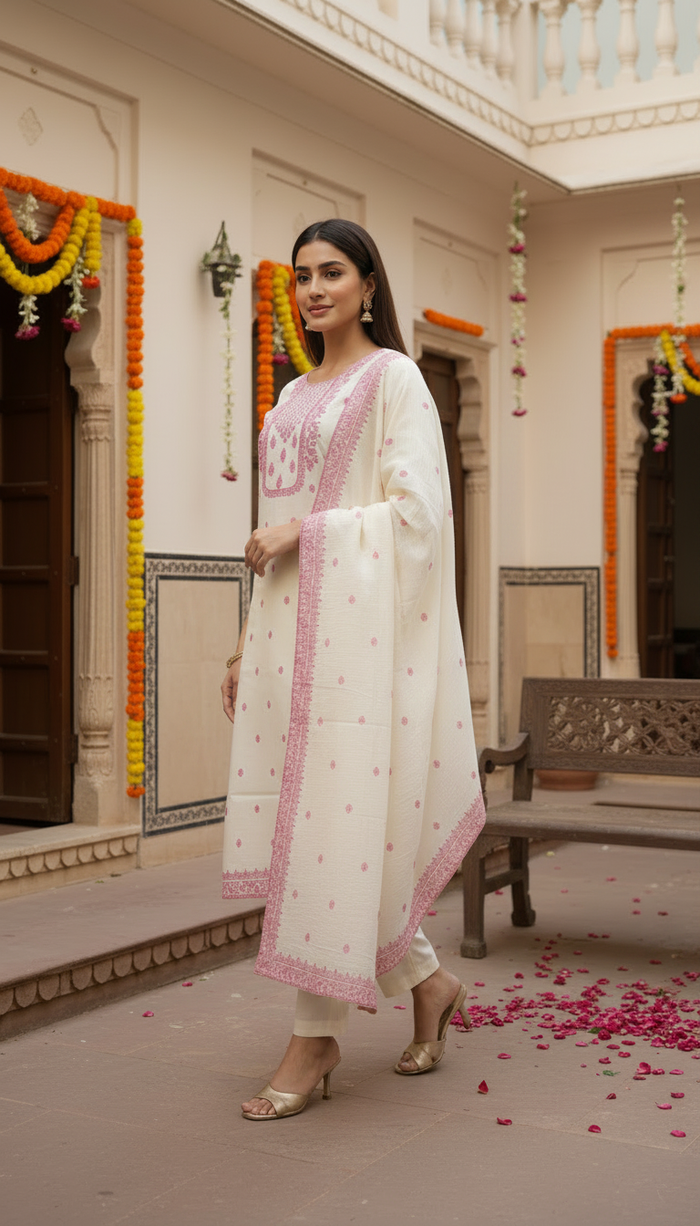 Ivory Cream Embroidered Cotton-Linen Kurta Set with Dupatta – 3 Piece Suit