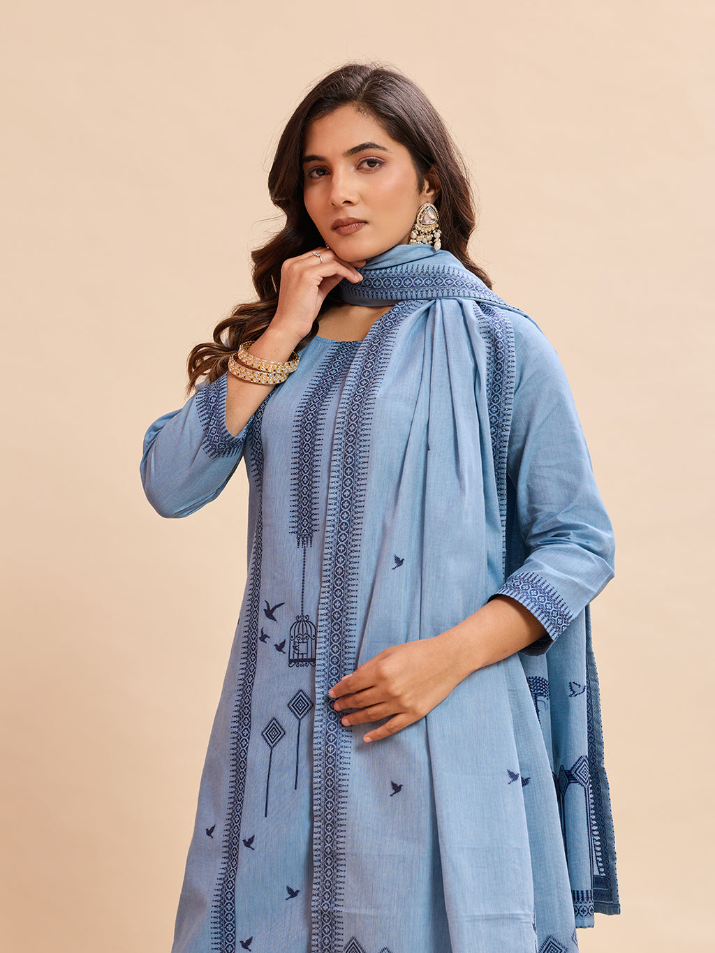 Serene Powder Blue Embroidered Cotton-Linen Kurta Set with Dupatta – 3 Piece Suit