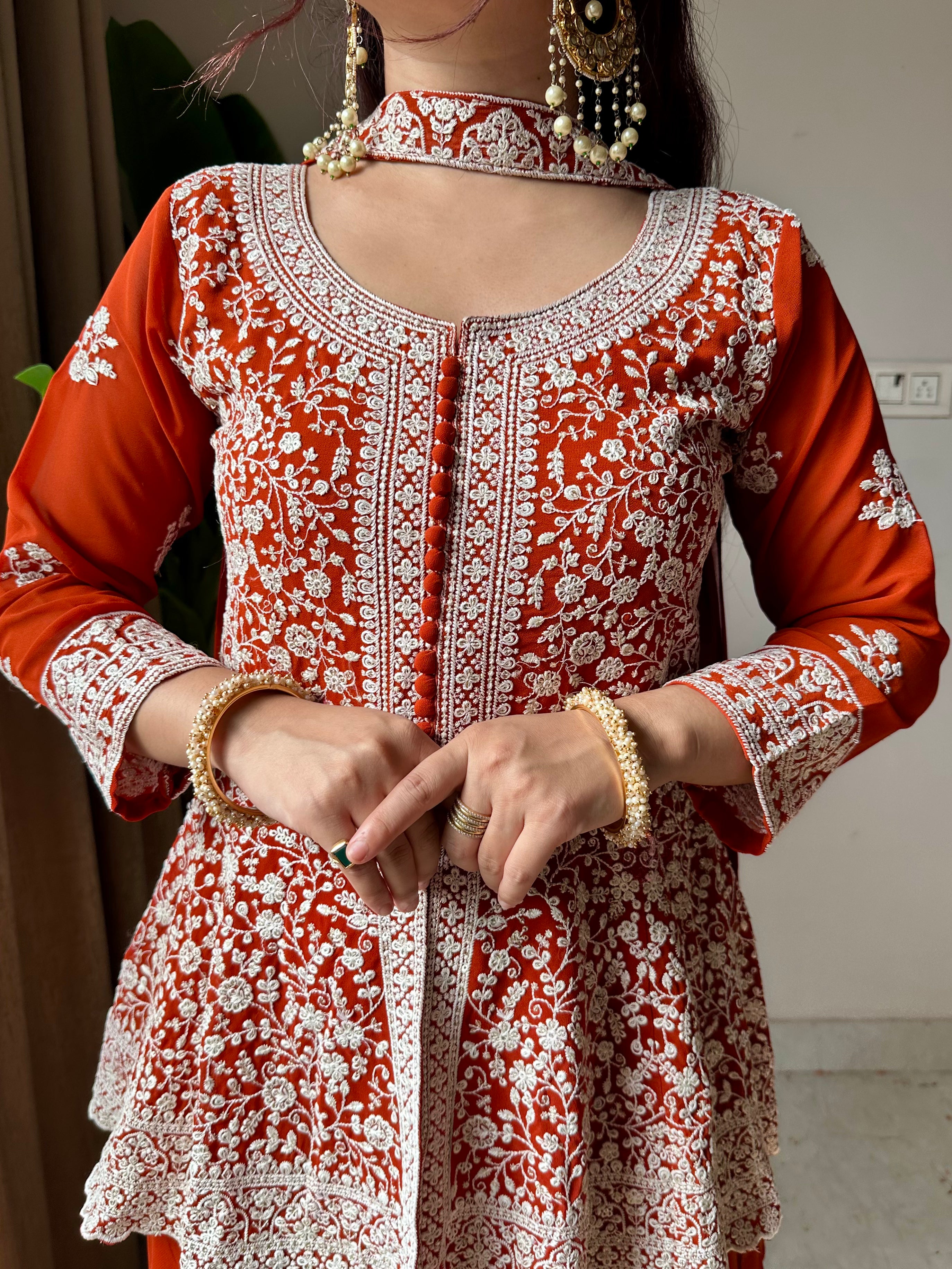 Rust Orange Chikankari Embroidered Short Kurti Set