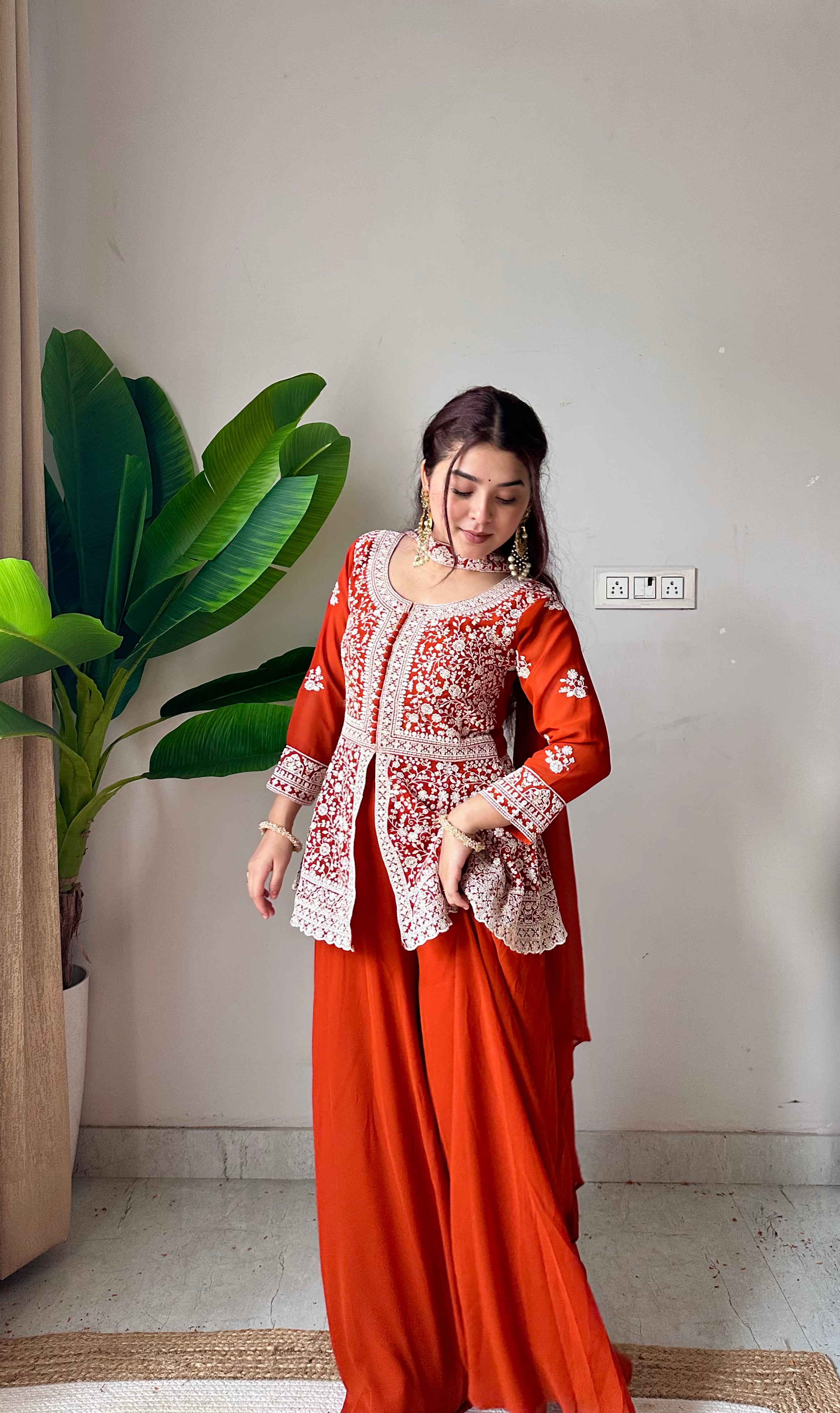 Rust Orange Chikankari Embroidered Short Kurti Set