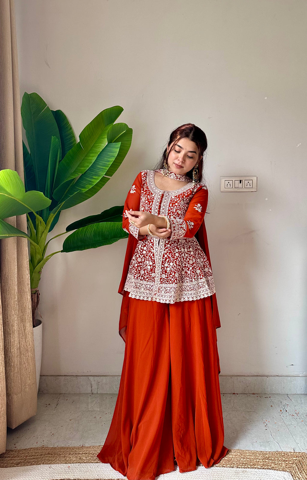 Rust Orange Chikankari Embroidered Short Kurti Set