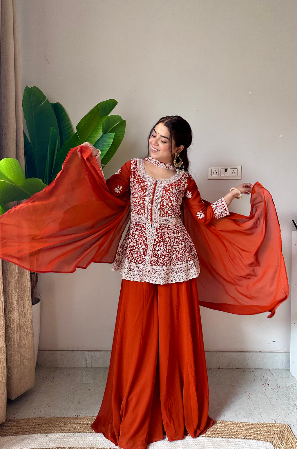 Rust Orange Chikankari Embroidered Short Kurti Set