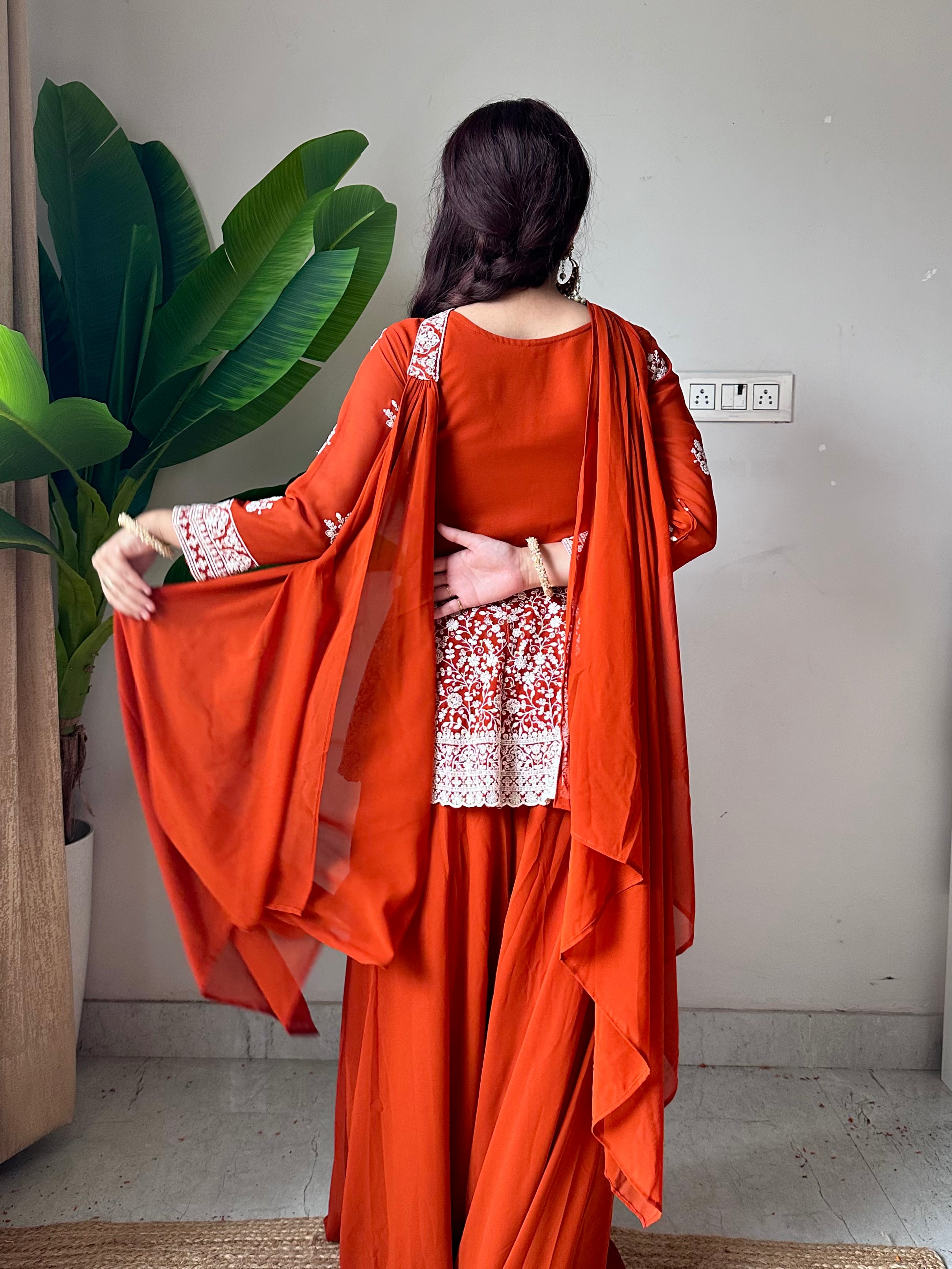 Rust Orange Chikankari Embroidered Short Kurti Set