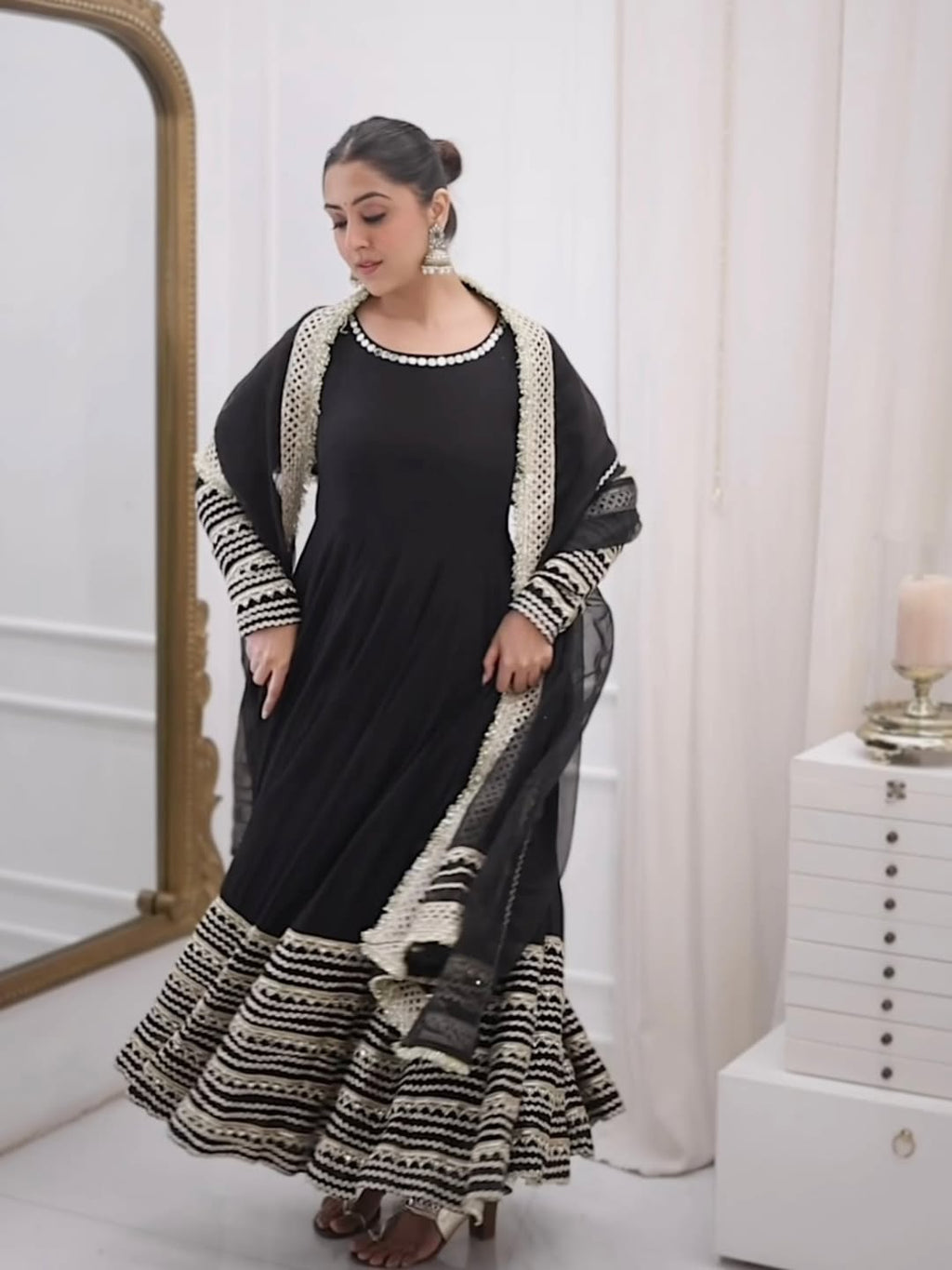 Jet Black Heavy Embroidered Anarkali Gown Set