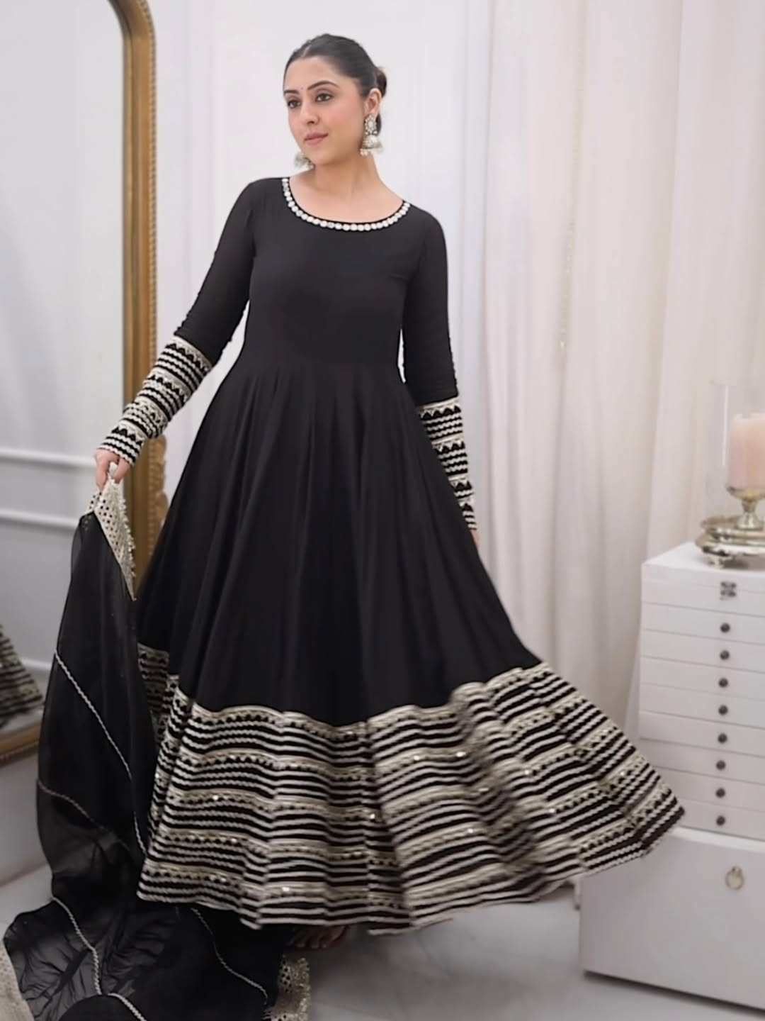 Jet Black Heavy Embroidered Anarkali Gown Set