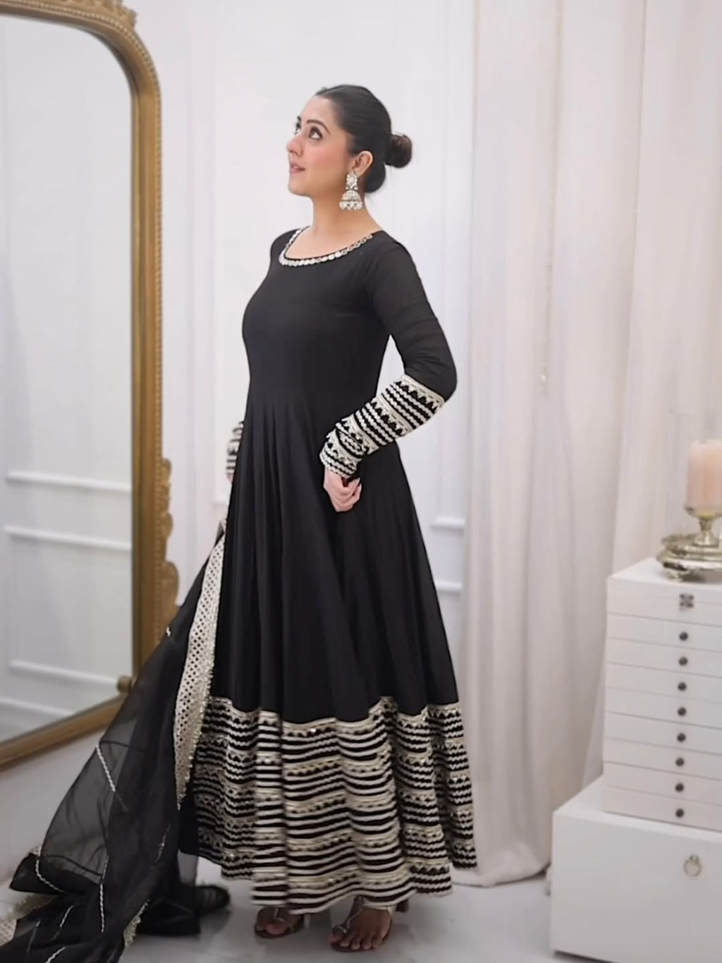 Jet Black Heavy Embroidered Anarkali Gown Set