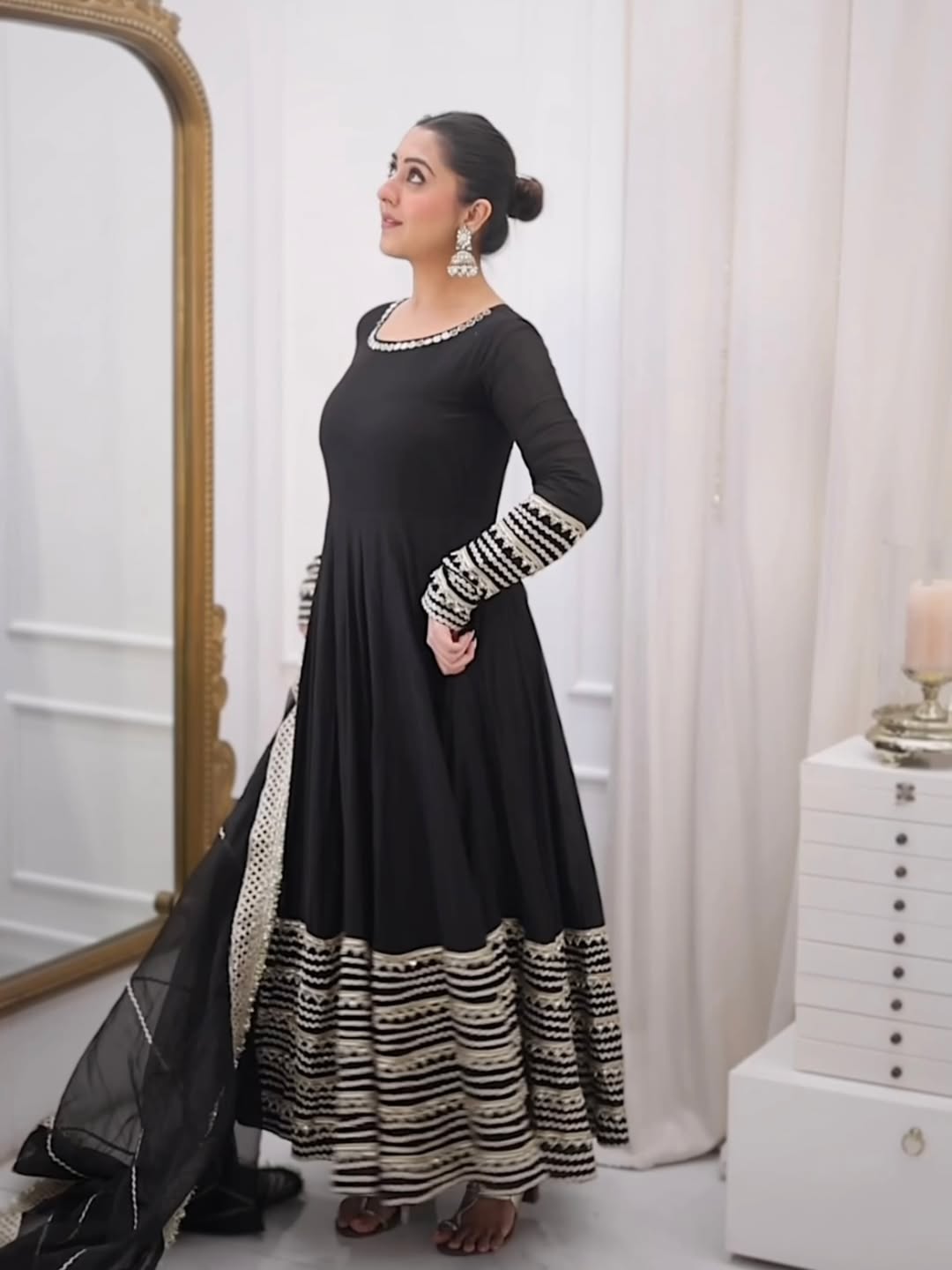 Jet Black Heavy Embroidered Anarkali Gown Set