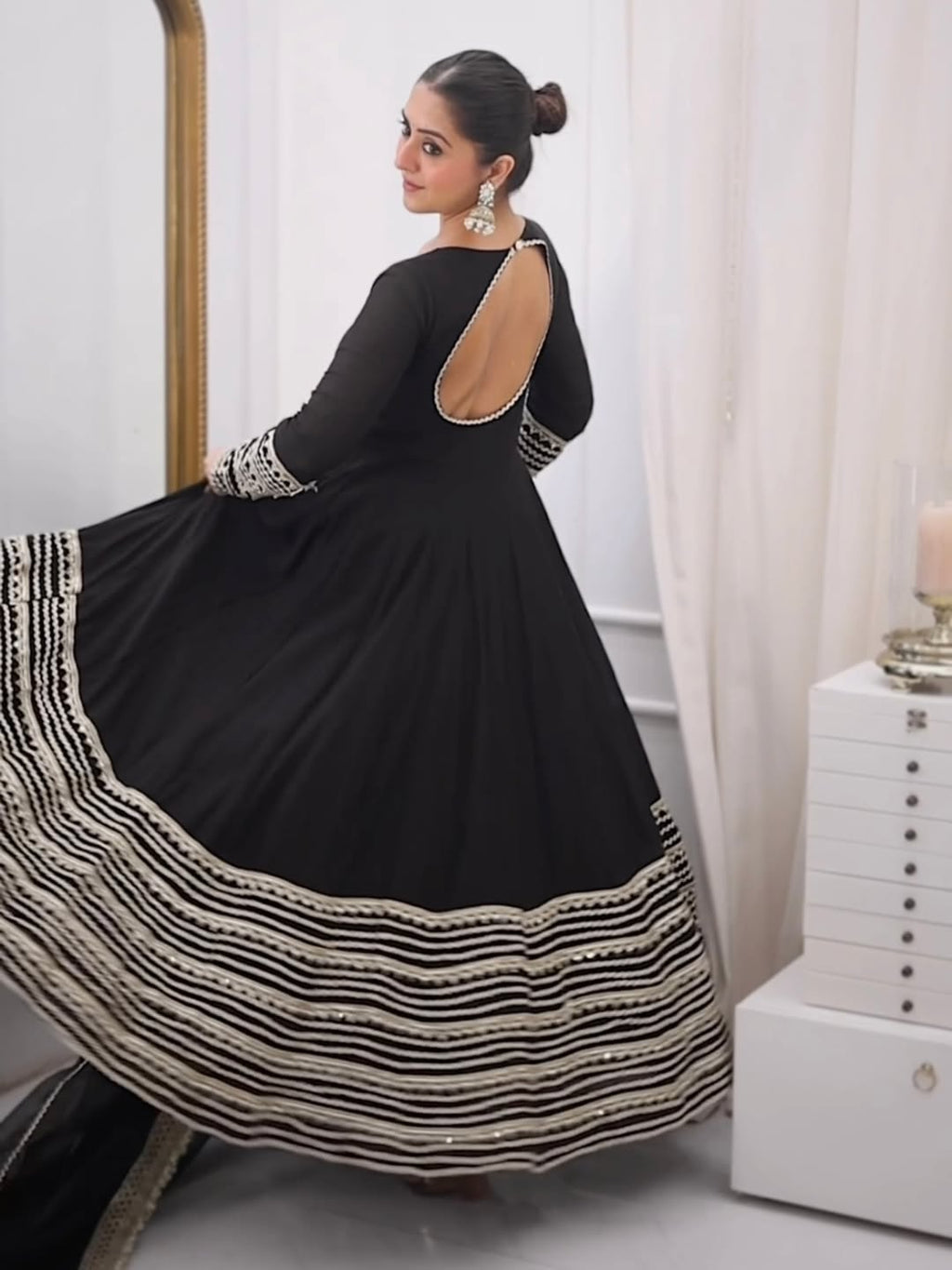 Jet Black Heavy Embroidered Anarkali Gown Set