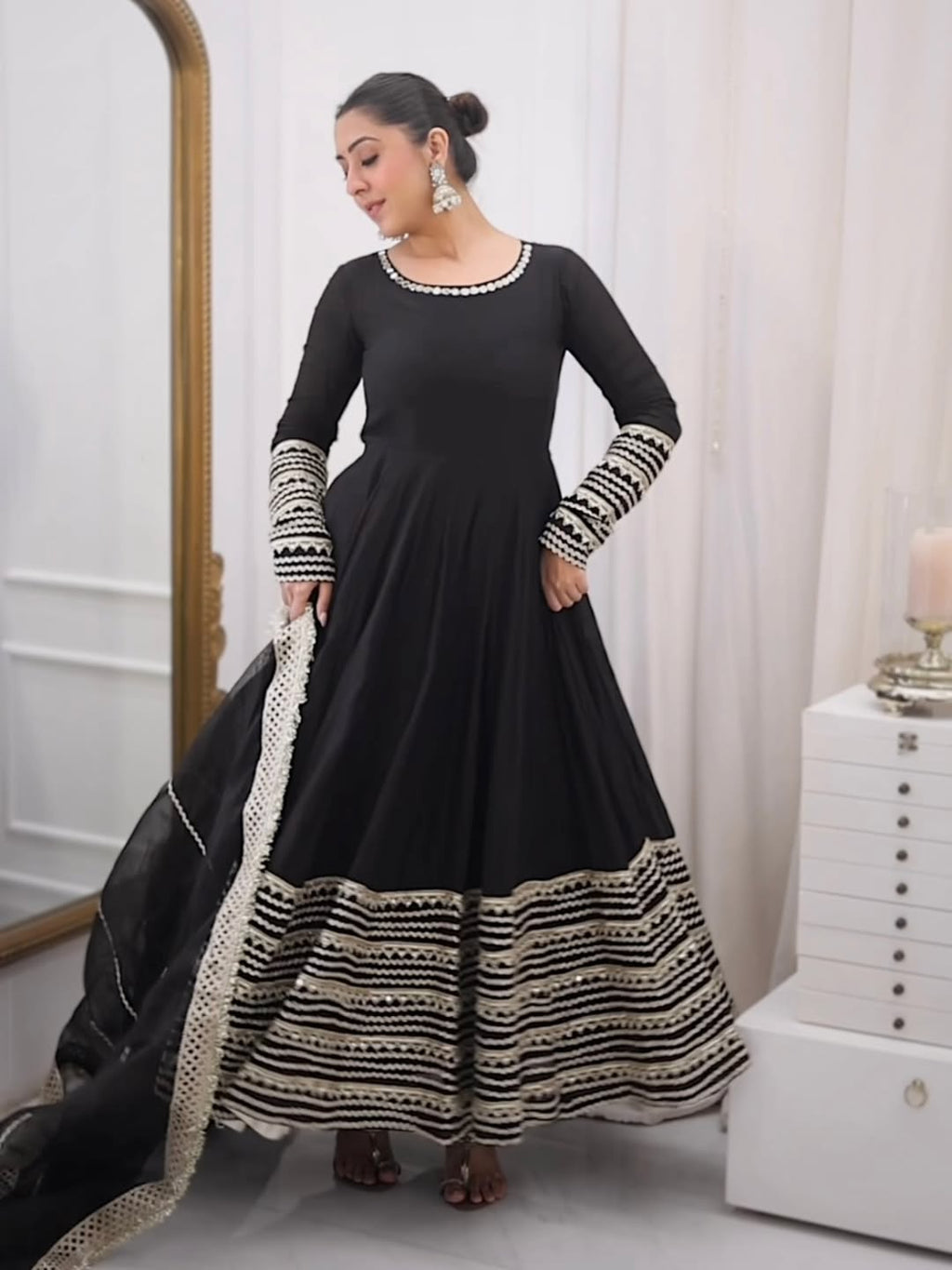 Jet Black Heavy Embroidered Anarkali Gown Set