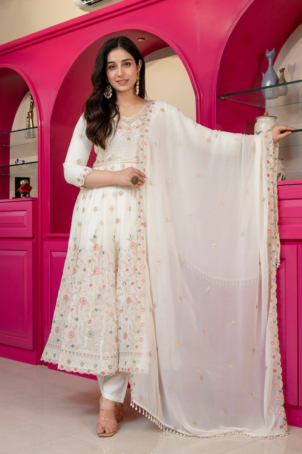 Off-White Floral Anarkali Suit – 3 Piece Set with Straight Pants