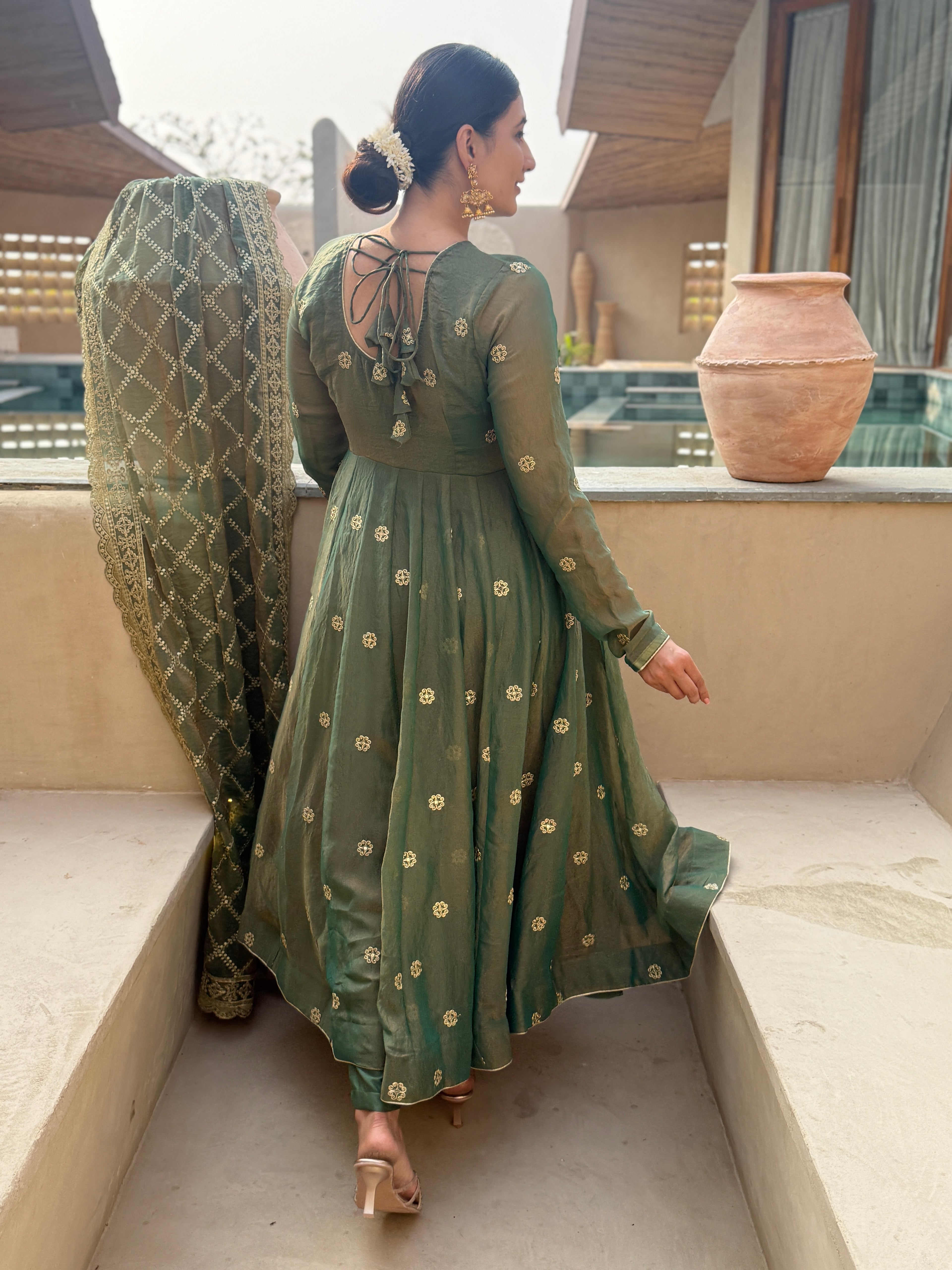 Emerald Green Embroidered Anarkali Suit Set with Dupatta