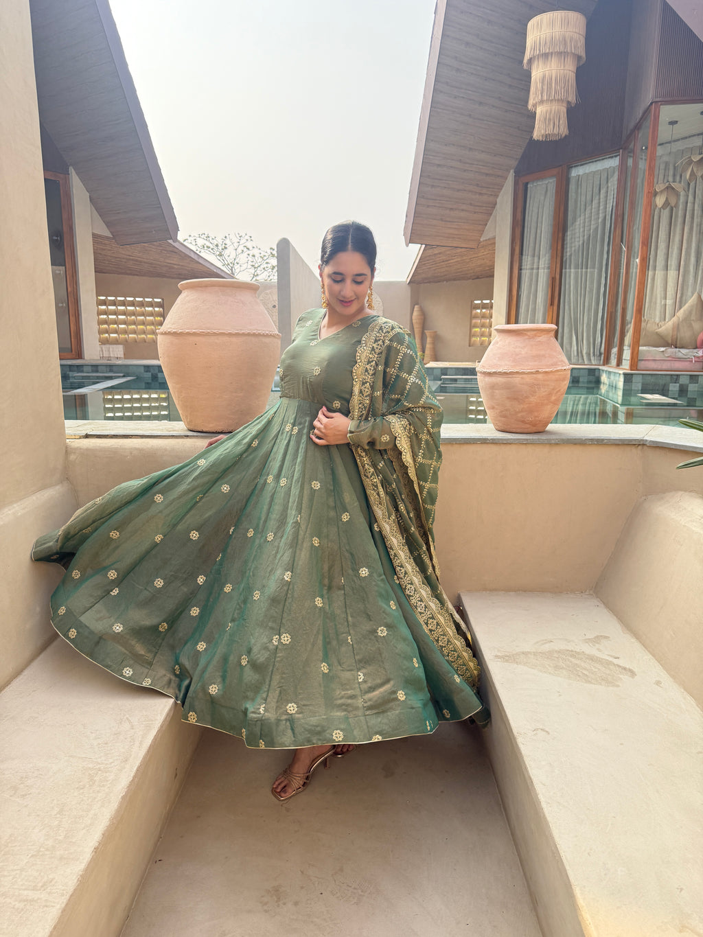 Emerald Green Embroidered Anarkali Suit Set with Dupatta