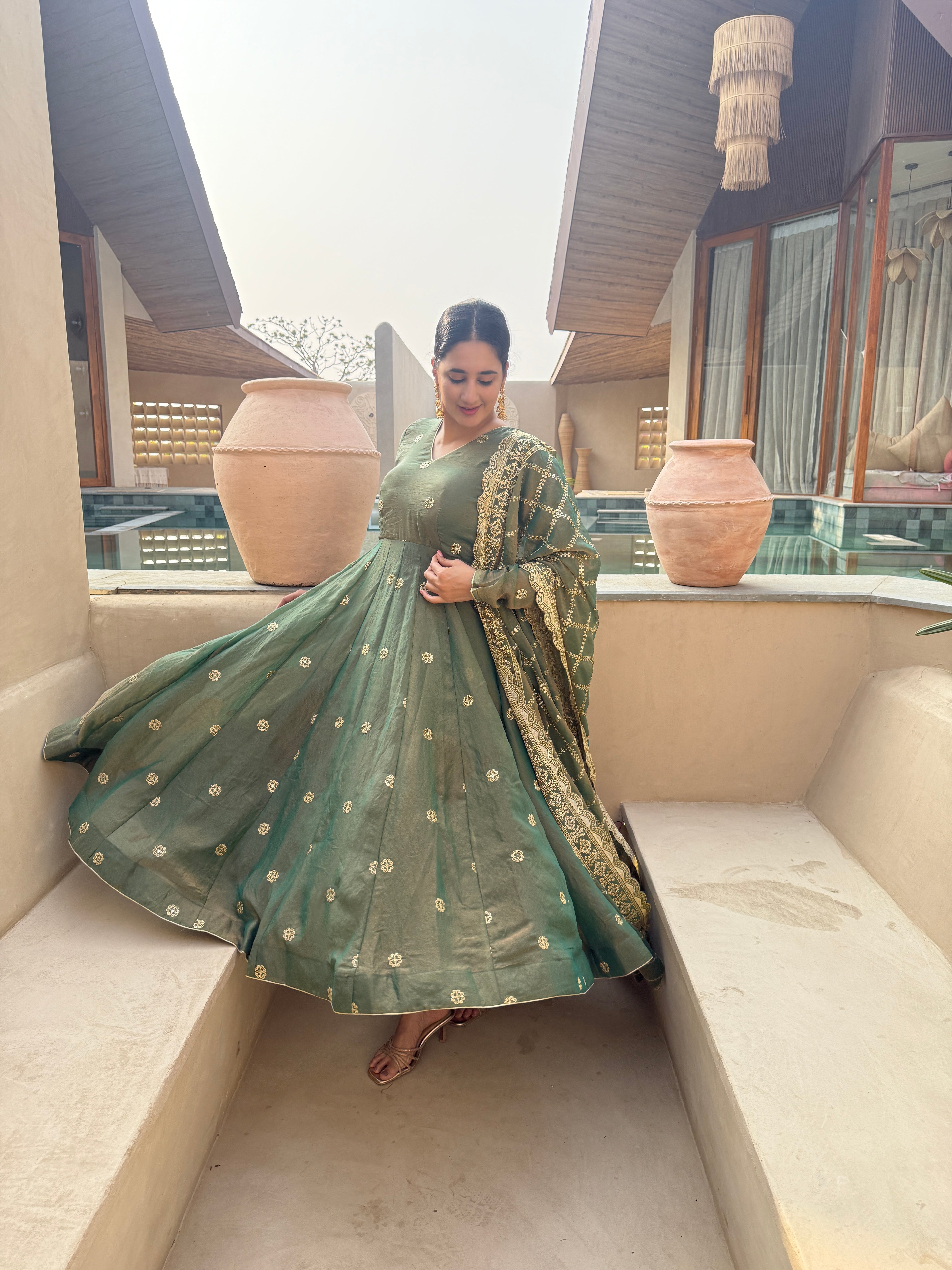 Emerald Green Embroidered Anarkali Suit Set with Dupatta