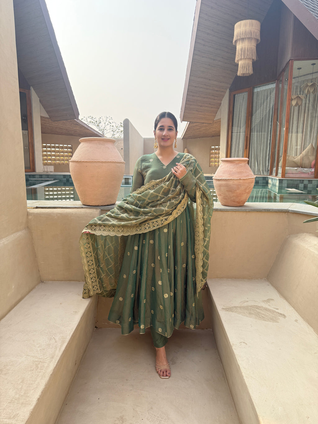 Emerald Green Embroidered Anarkali Suit Set with Dupatta