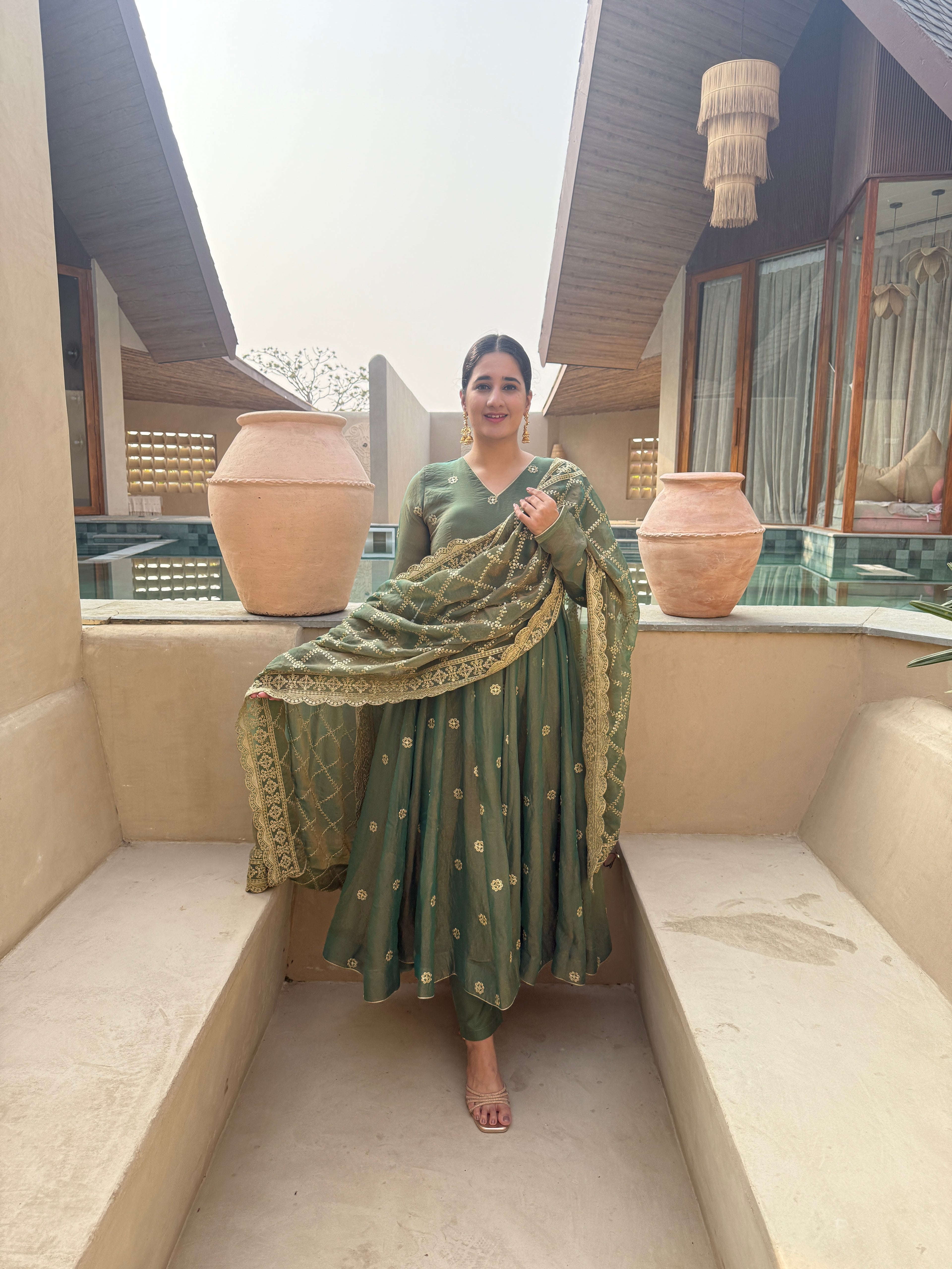 Emerald Green Embroidered Anarkali Suit Set with Dupatta
