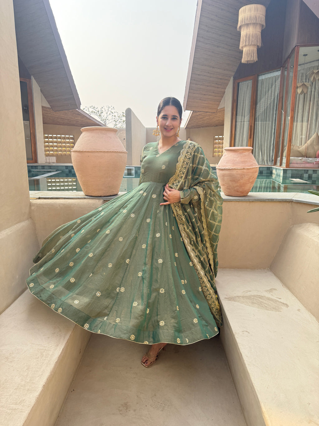 Emerald Green Embroidered Anarkali Suit Set with Dupatta