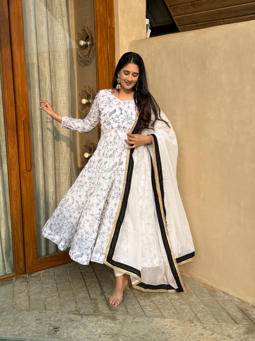 White Floral Printed Anarkali Kurta Set with Dupatta
