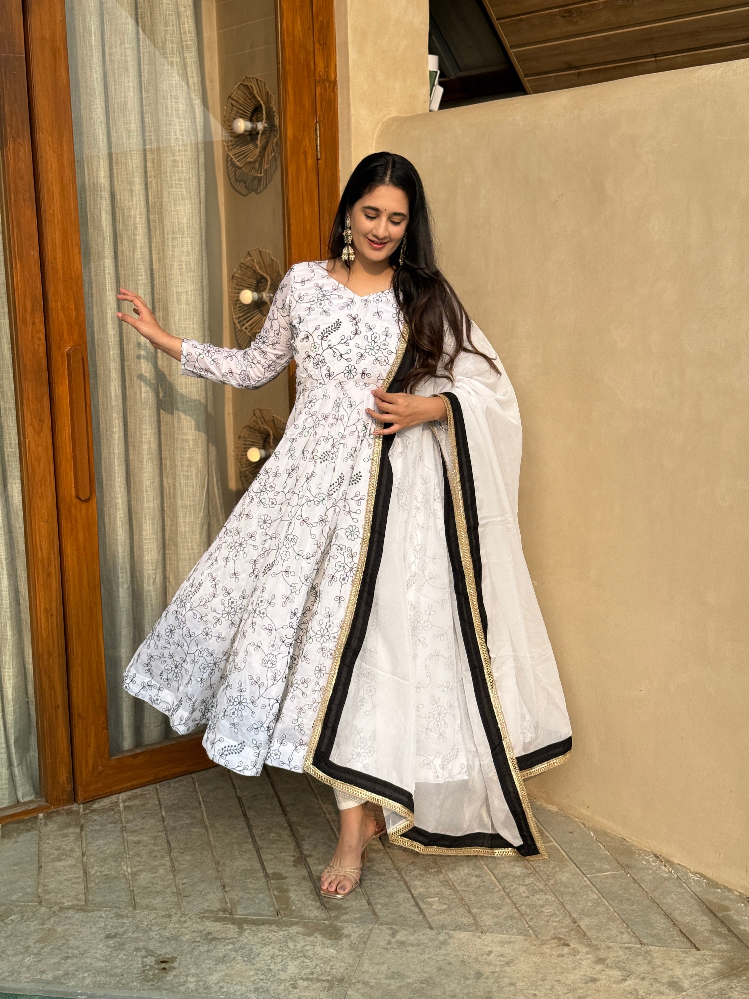 White Floral Printed Anarkali Kurta Set with Dupatta