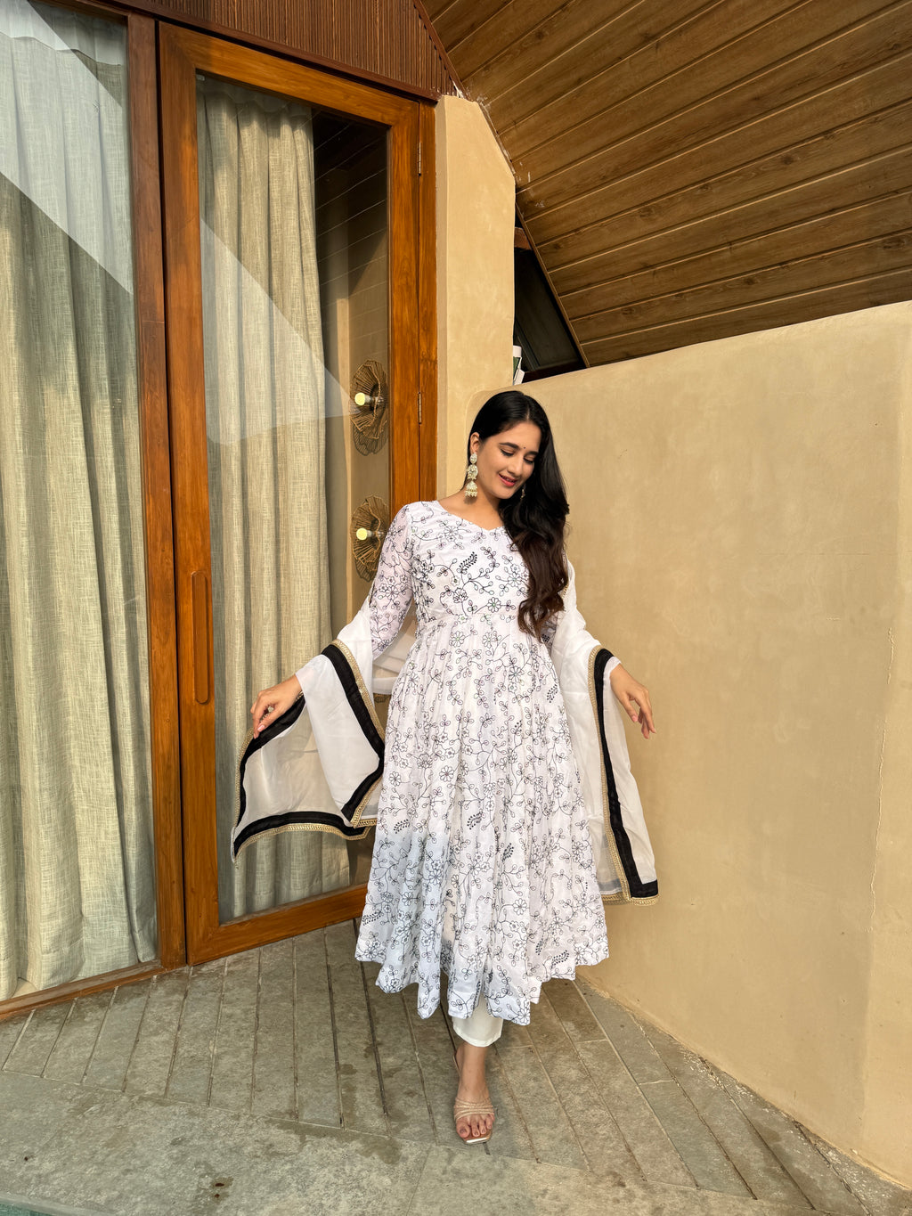 White Floral Printed Anarkali Kurta Set with Dupatta