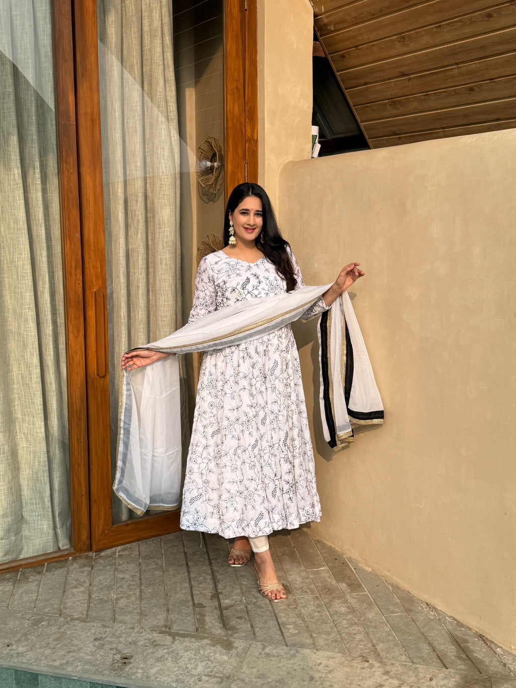 White Floral Printed Anarkali Kurta Set with Dupatta
