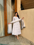 White Floral Printed Anarkali Kurta Set with Dupatta