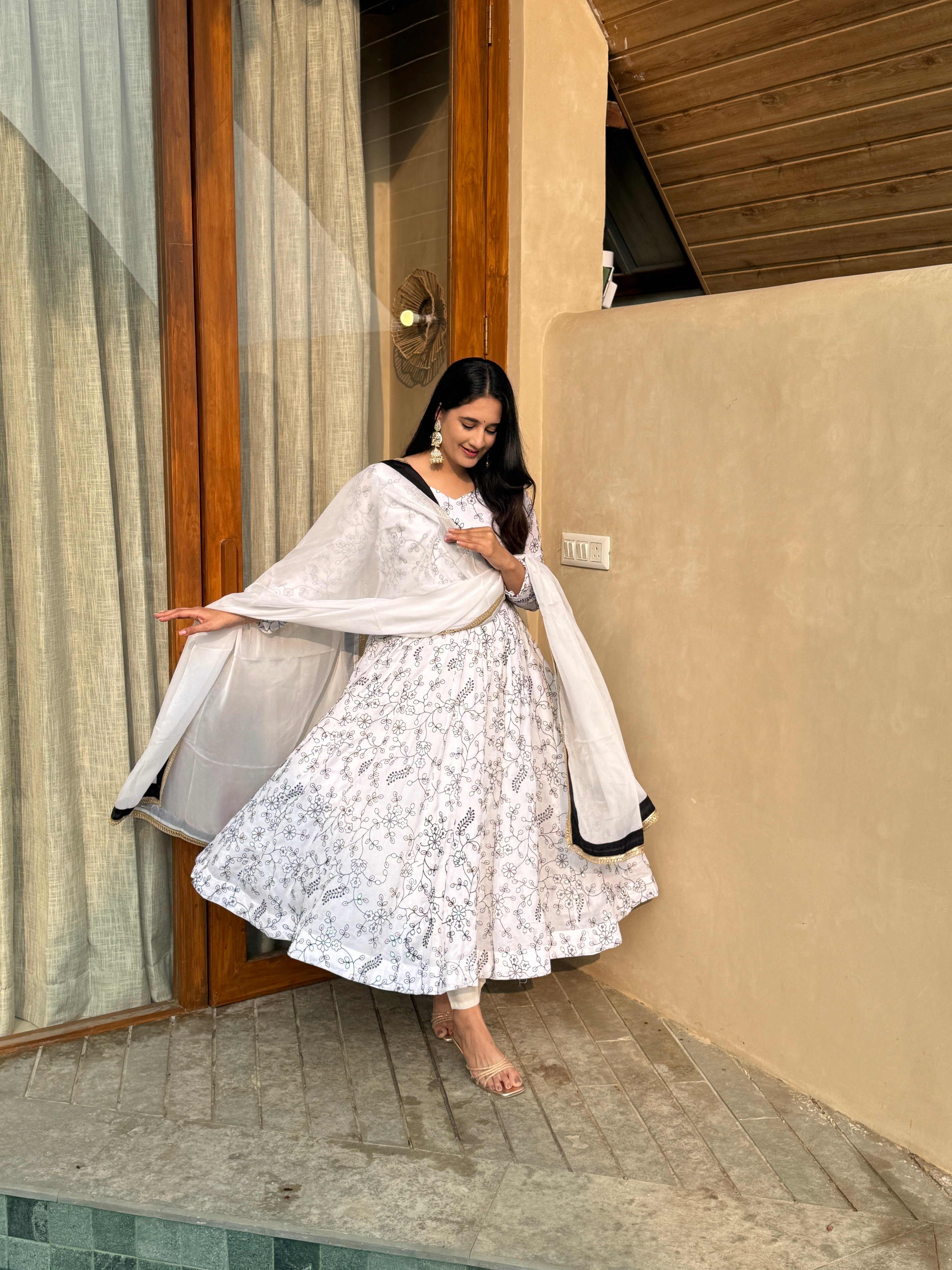 White Floral Printed Anarkali Kurta Set with Dupatta