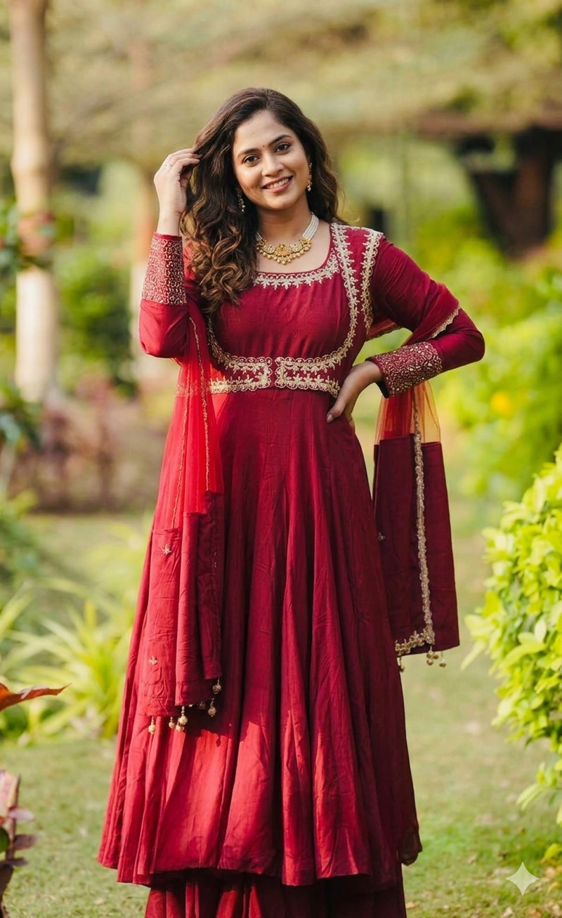 Wine Embroidered Anarkali Kurta Set with Dupatta