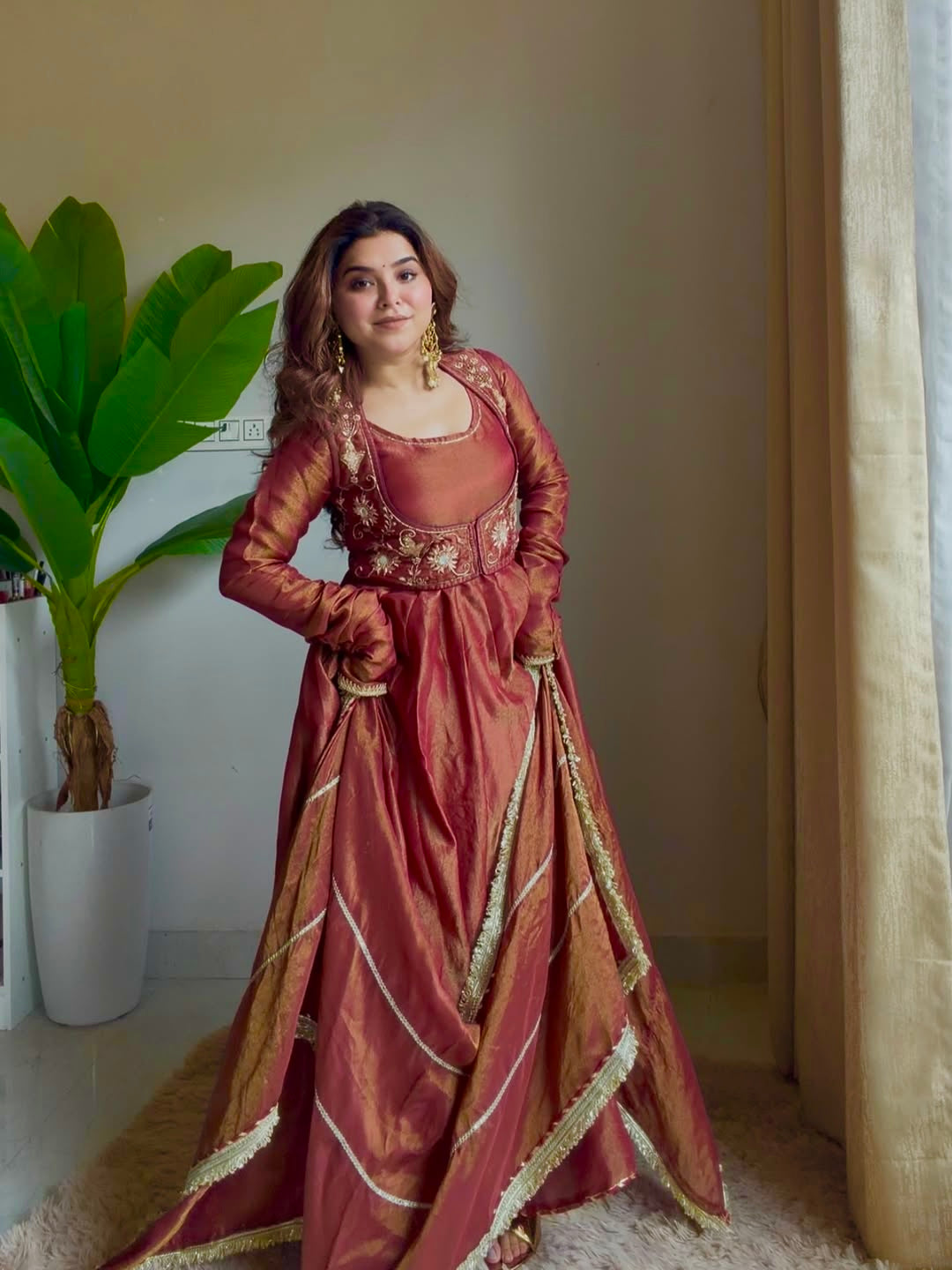 Rust Copper Embroidered Anarkali Suit Set with Dupatta