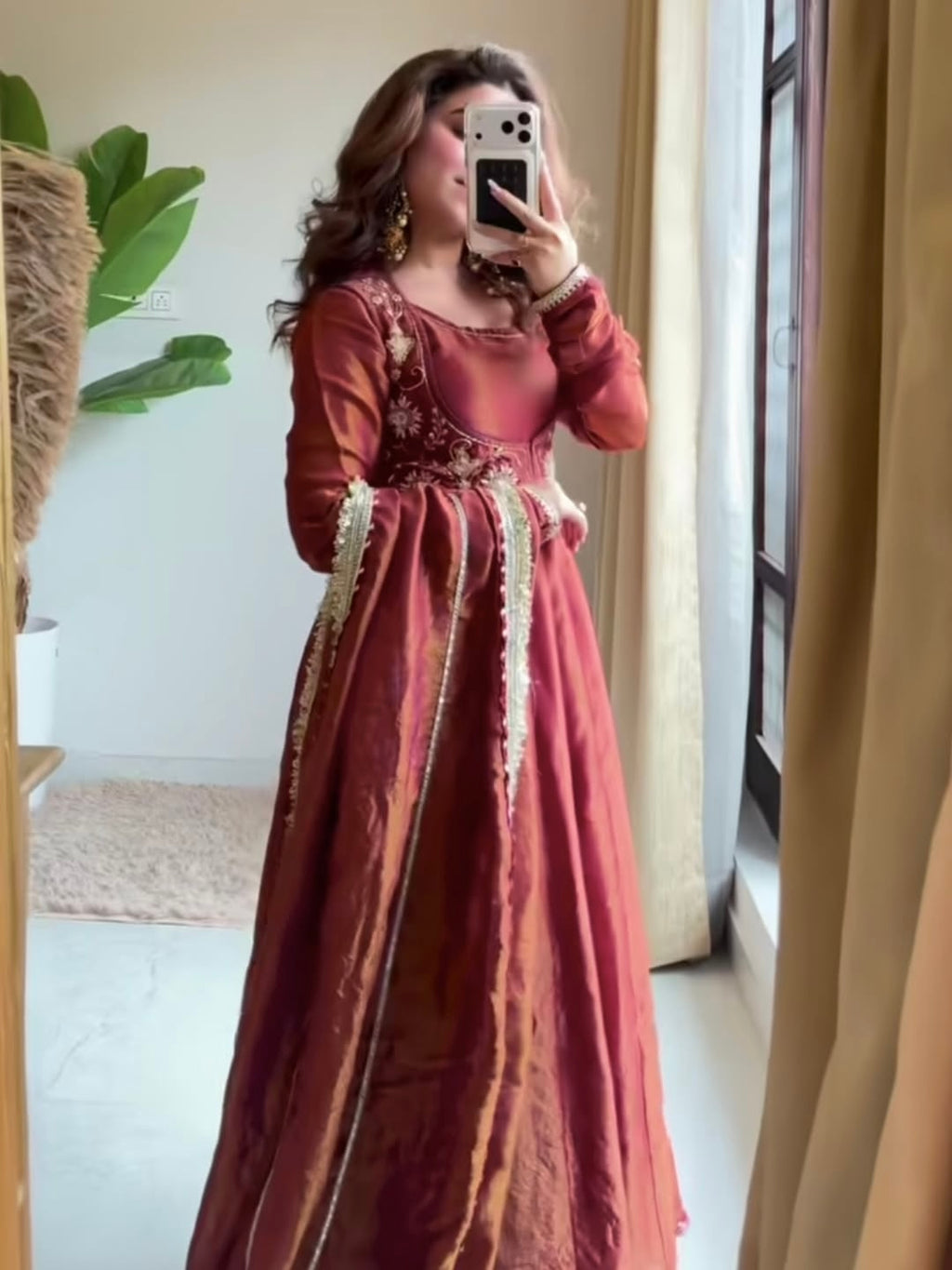Rust Copper Embroidered Anarkali Suit Set with Dupatta