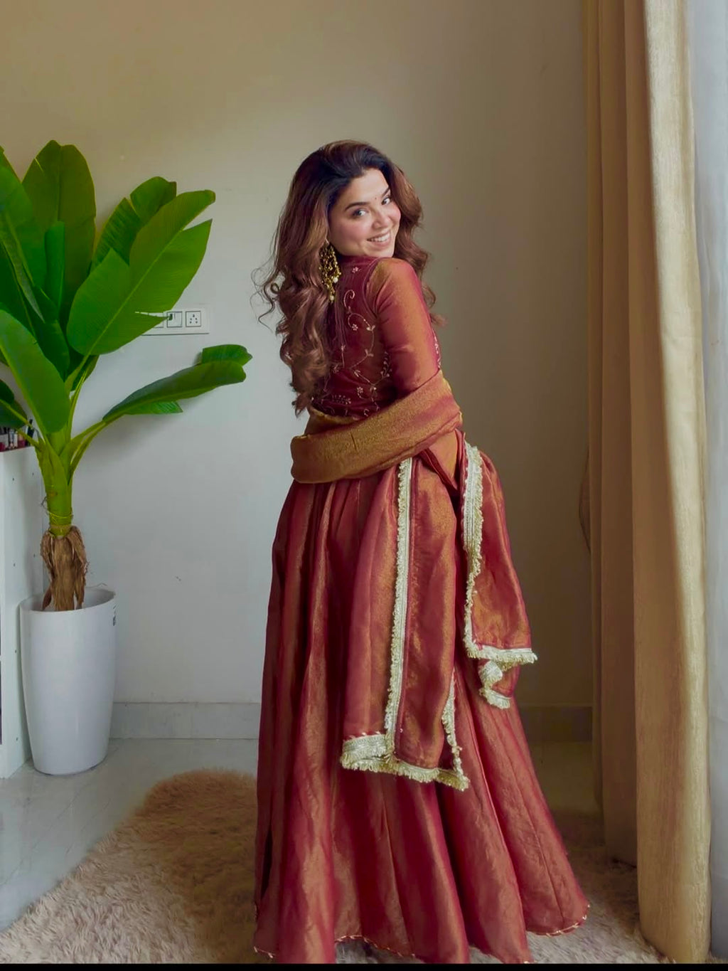 Rust Copper Embroidered Anarkali Suit Set with Dupatta