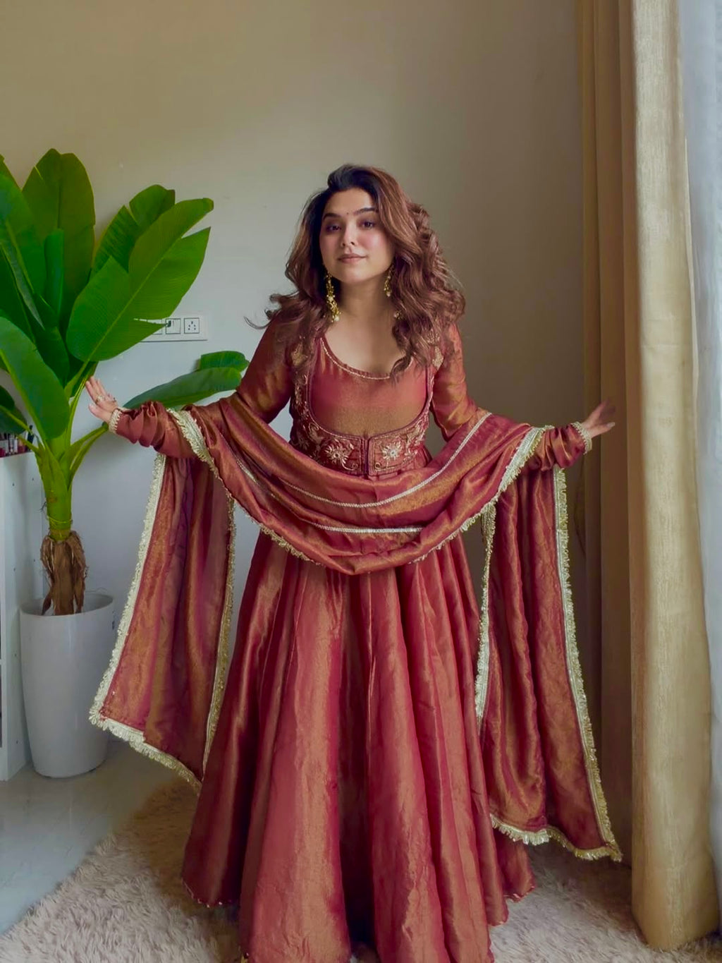 Rust Copper Embroidered Anarkali Suit Set with Dupatta