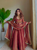 Rust Copper Embroidered Anarkali Suit Set with Dupatta