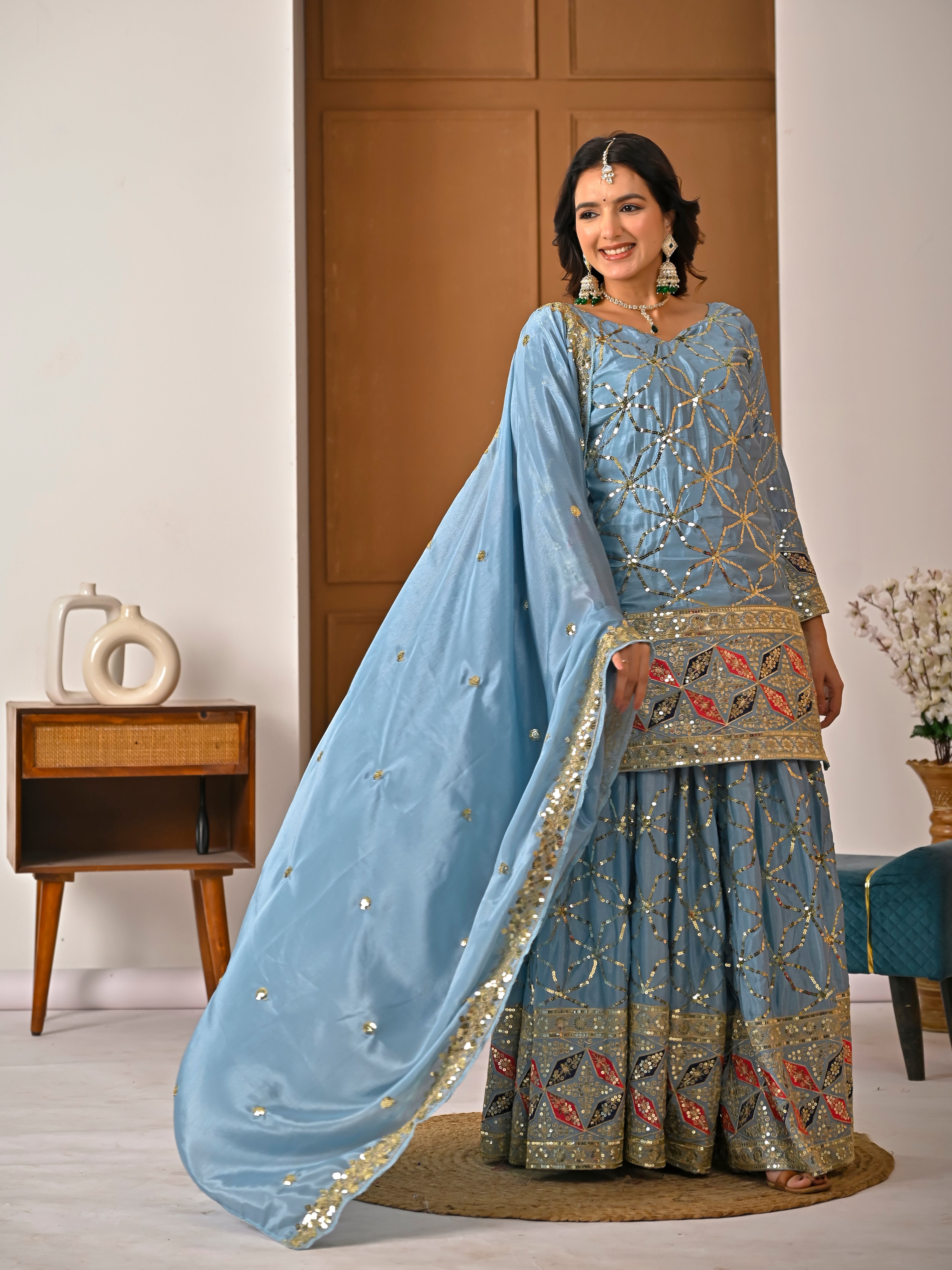 Dusty Blue Silk Sharara Set – Heavy Festive Mirror Work 3-Piece Suit