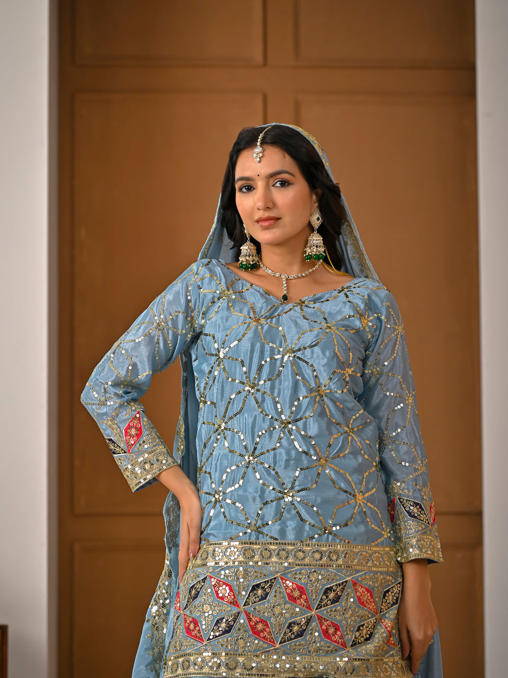 Dusty Blue Silk Sharara Set – Heavy Festive Mirror Work 3-Piece Suit