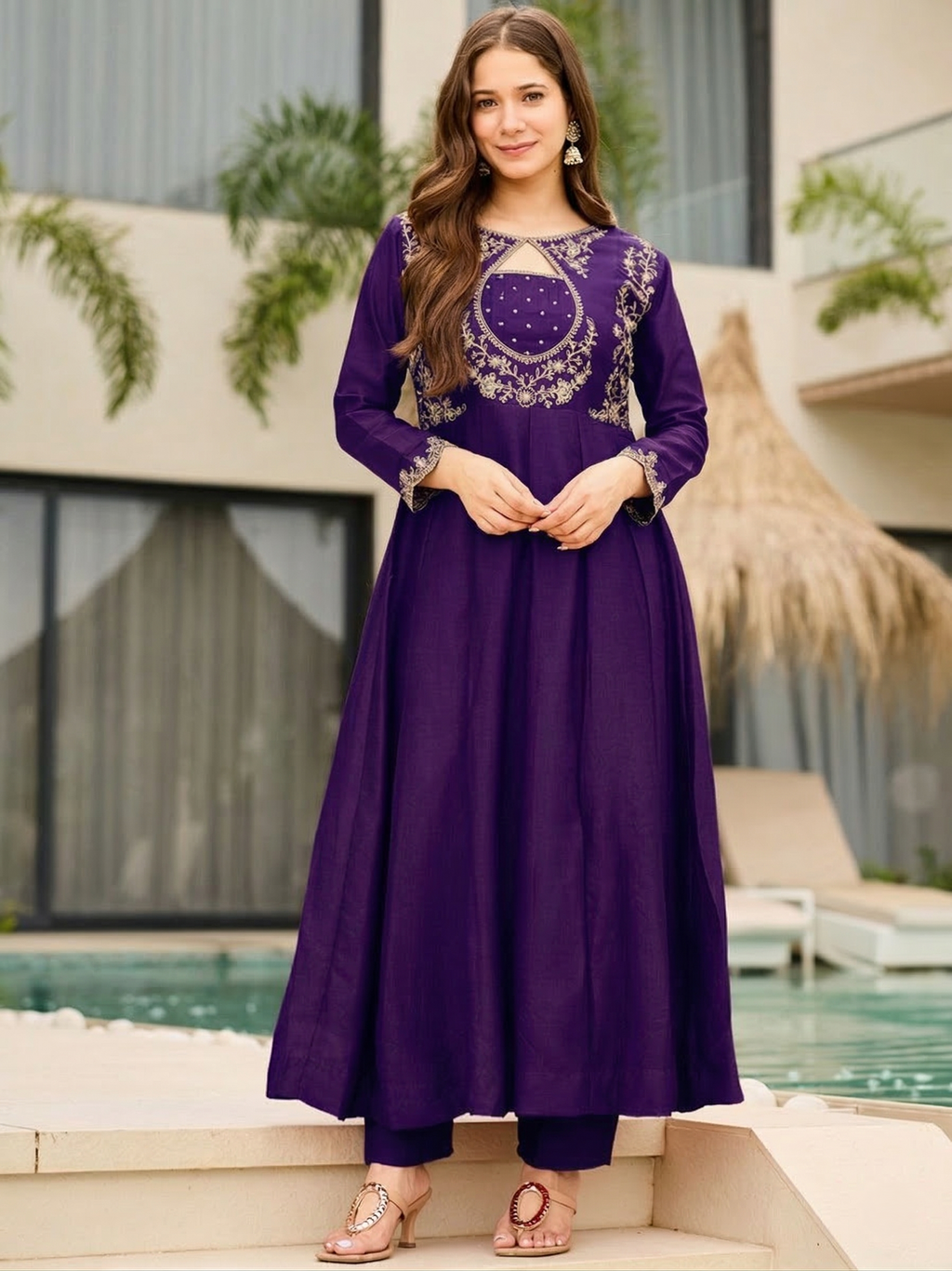 Royal Grape Purple Flared Anarkali Kurta Set with Keyhole Neckline – 3 Piece Suit