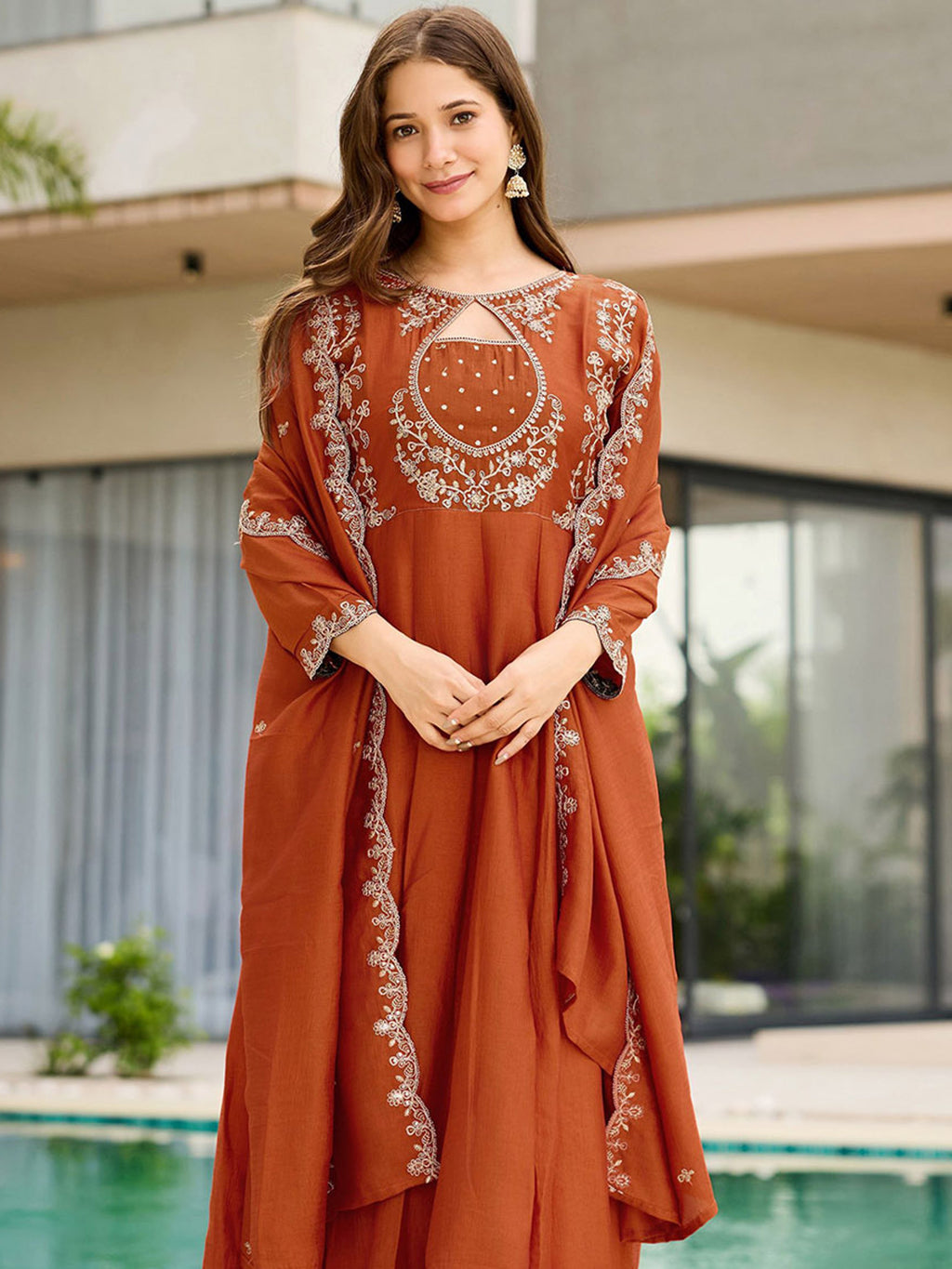 Burnt Orange Ornate Embroidered Kalidar Suit Set with Border Dupatta (Set of 3)