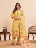 Lime Yellow Pichwai Cow & Tree Embroidered Cotton-Linen Kurta Set – 3 Piece Suit