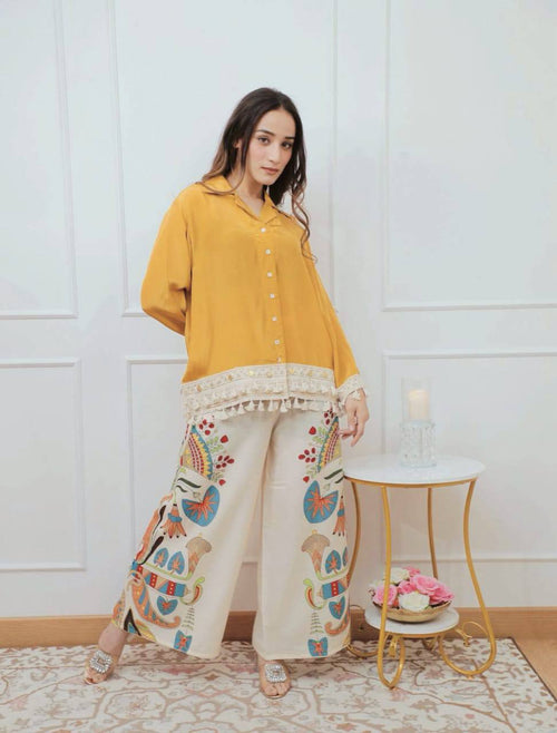Boho-Chic Mustard Embroidered Co-ord Set