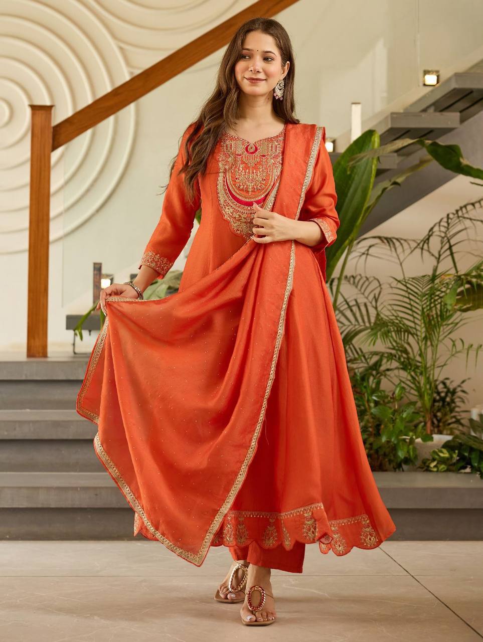 Rust Orange Embroidered Anarkali Suit Set