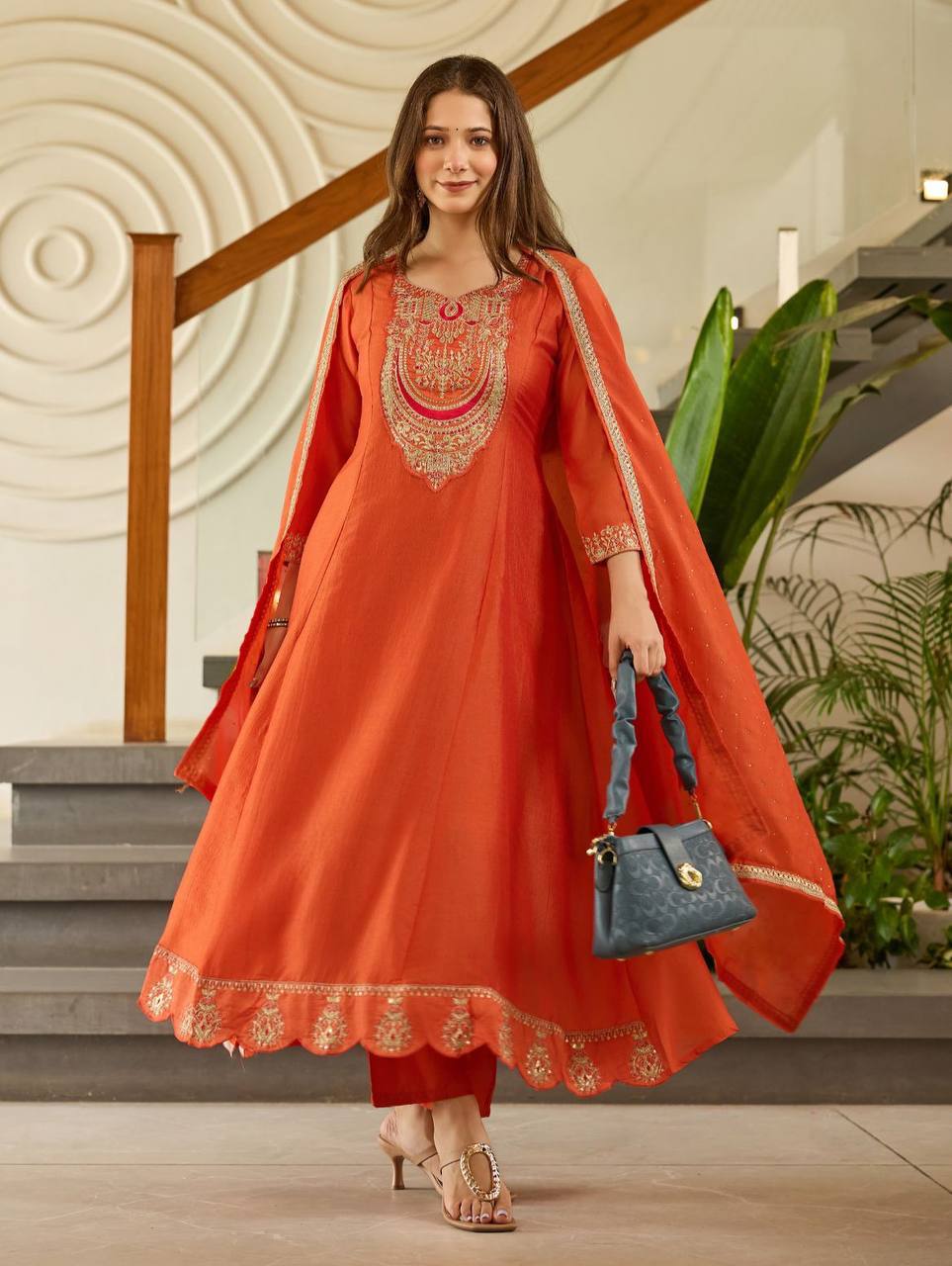 Rust Orange Embroidered Anarkali Suit Set