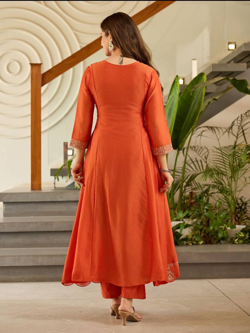 Rust Orange Embroidered Anarkali Suit Set