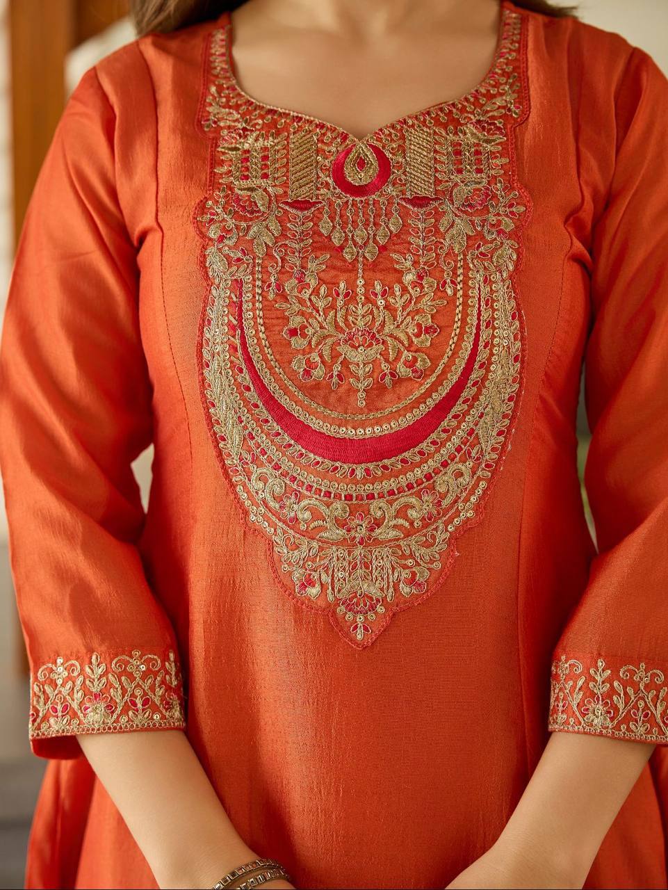 Rust Orange Embroidered Anarkali Suit Set