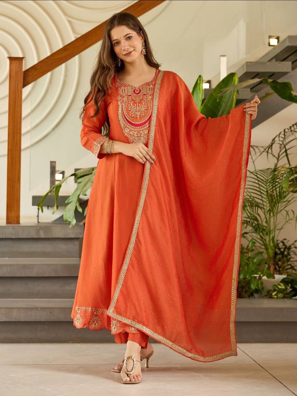 Rust Orange Embroidered Anarkali Suit Set