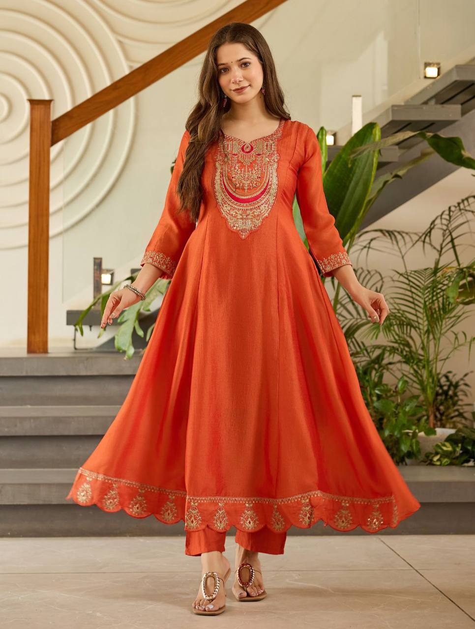 Rust Orange Embroidered Anarkali Suit Set