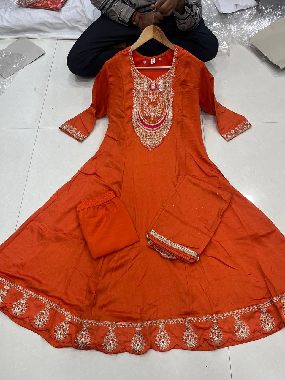 Rust Orange Embroidered Anarkali Suit Set