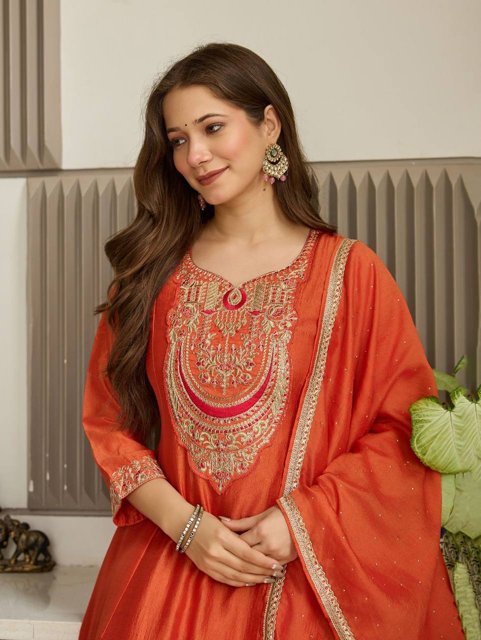 Rust Orange Embroidered Anarkali Suit Set