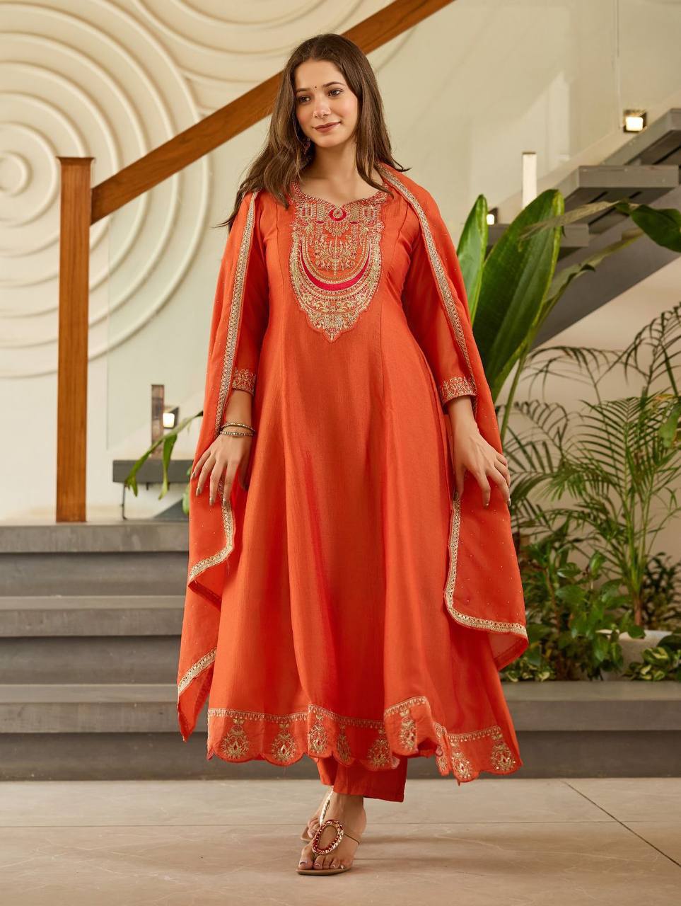 Rust Orange Embroidered Anarkali Suit Set