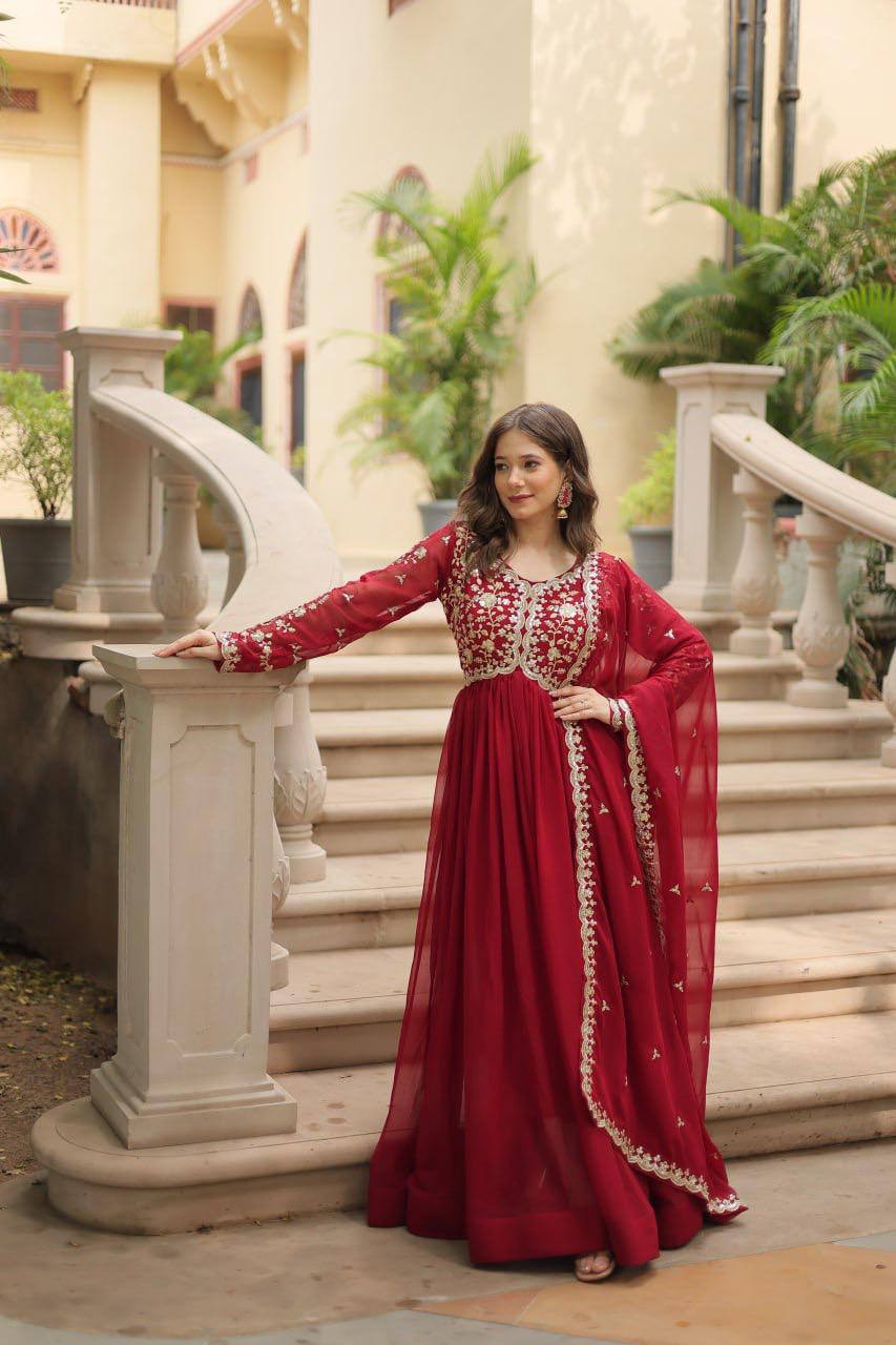 Maroon Heavy Embroidered Georgette Anarkali Gown Set