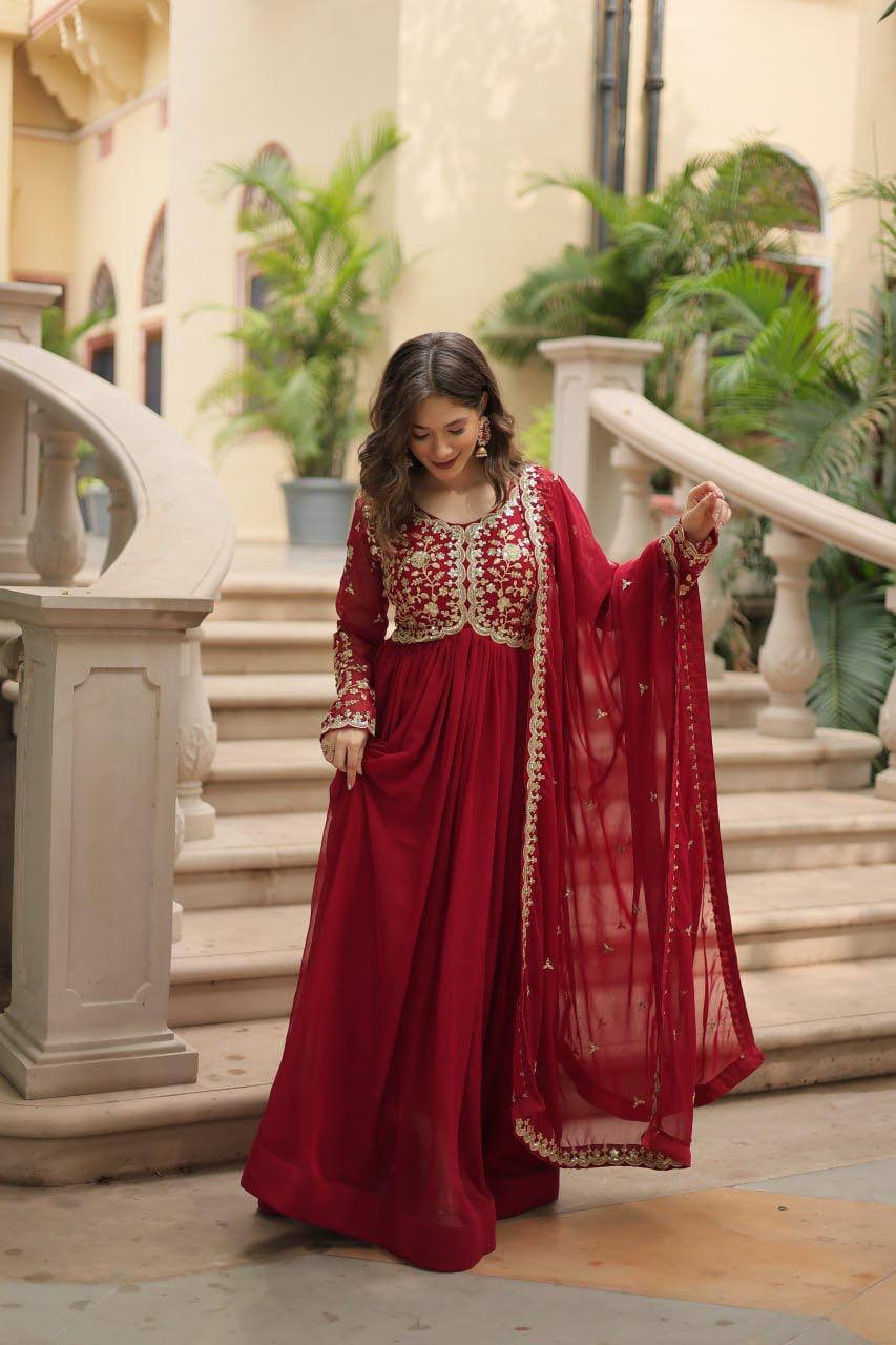 Maroon Heavy Embroidered Georgette Anarkali Gown Set