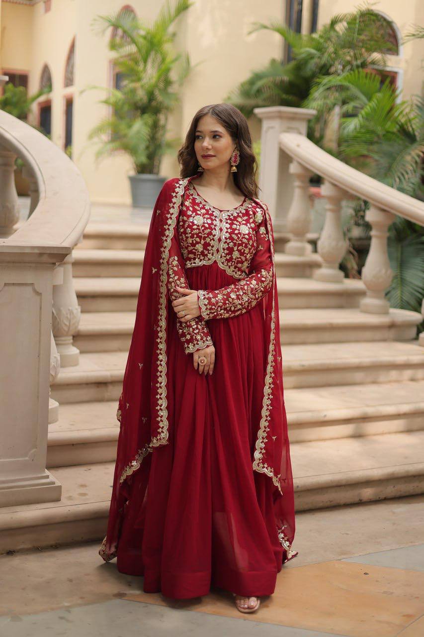 Maroon Heavy Embroidered Georgette Anarkali Gown Set